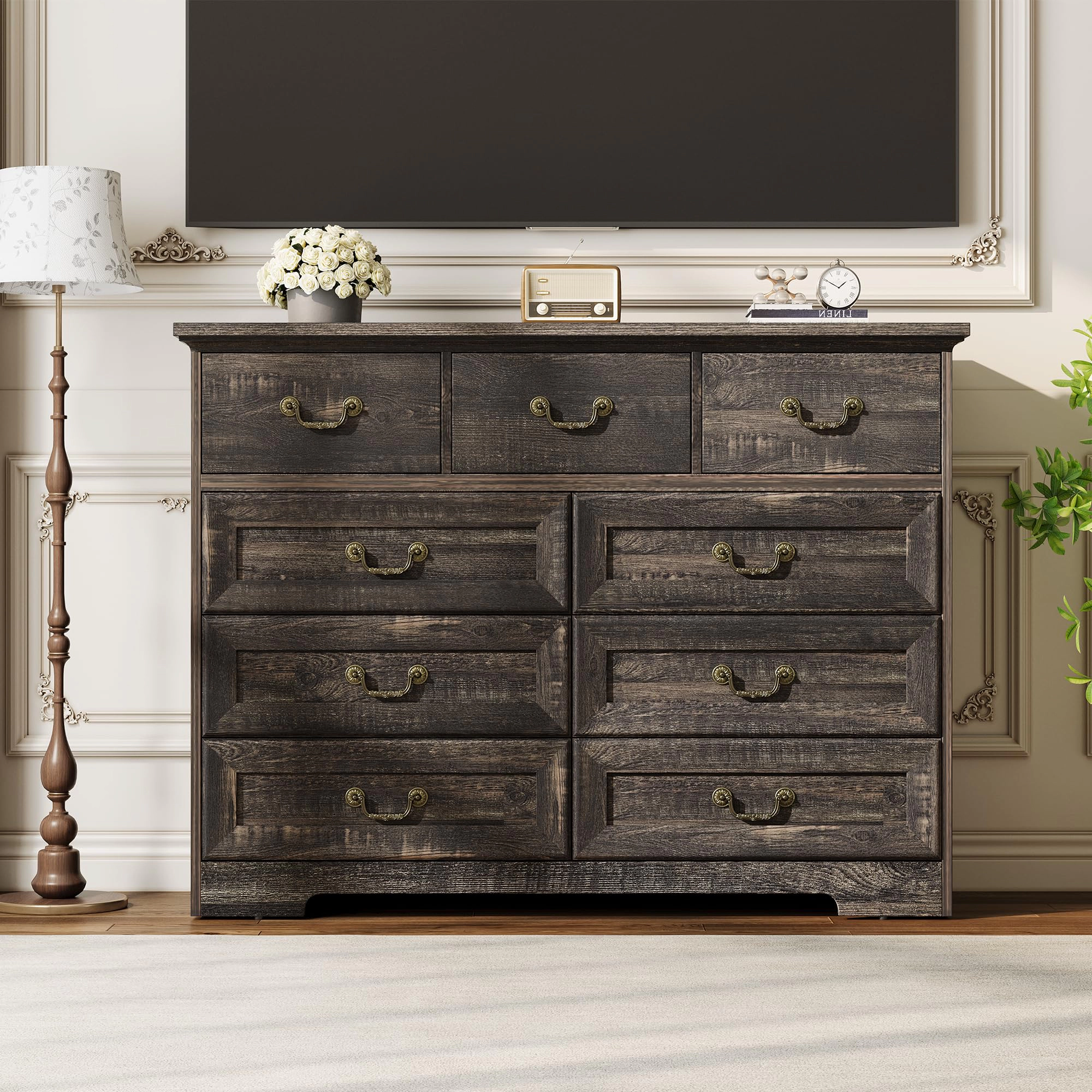 9 Drawer Farmhouse Dresser with Metal Handles, 47" Wide Wood Storage Chest for Bedroom Hallway