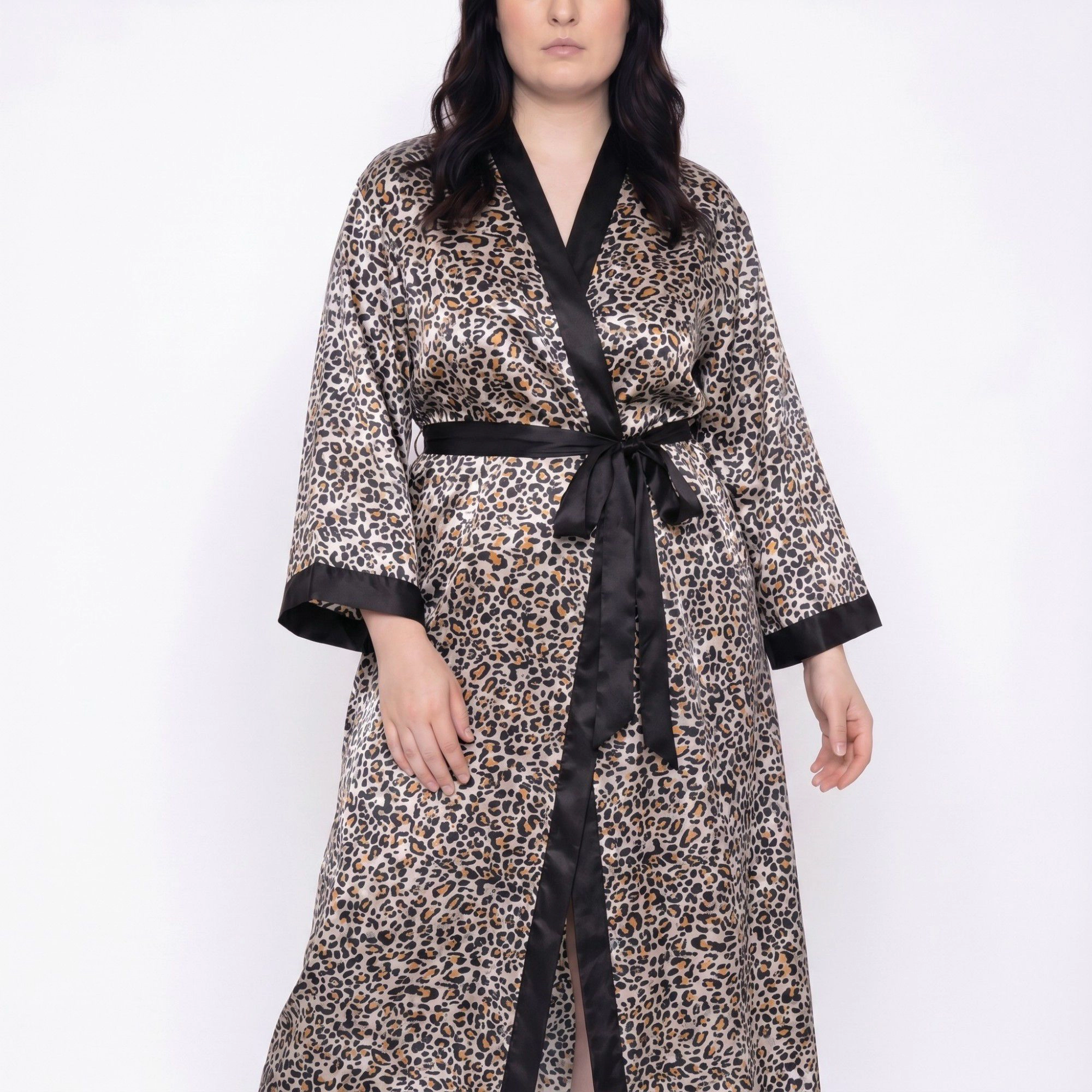 Anna-Kaci Women's Plus Leopard Print Satin-Like Wrap Robe with Long Kimono Sleeves Contrast Trim and Self Tie Waist