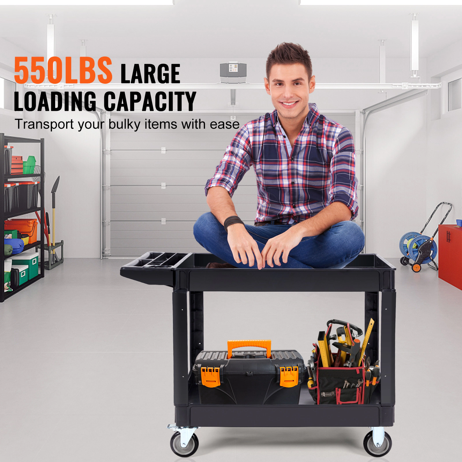 HONGGE Utility Cart Service Cart Heavy Duty Plastic Utility Cart with 360° Swivel Wheels with for