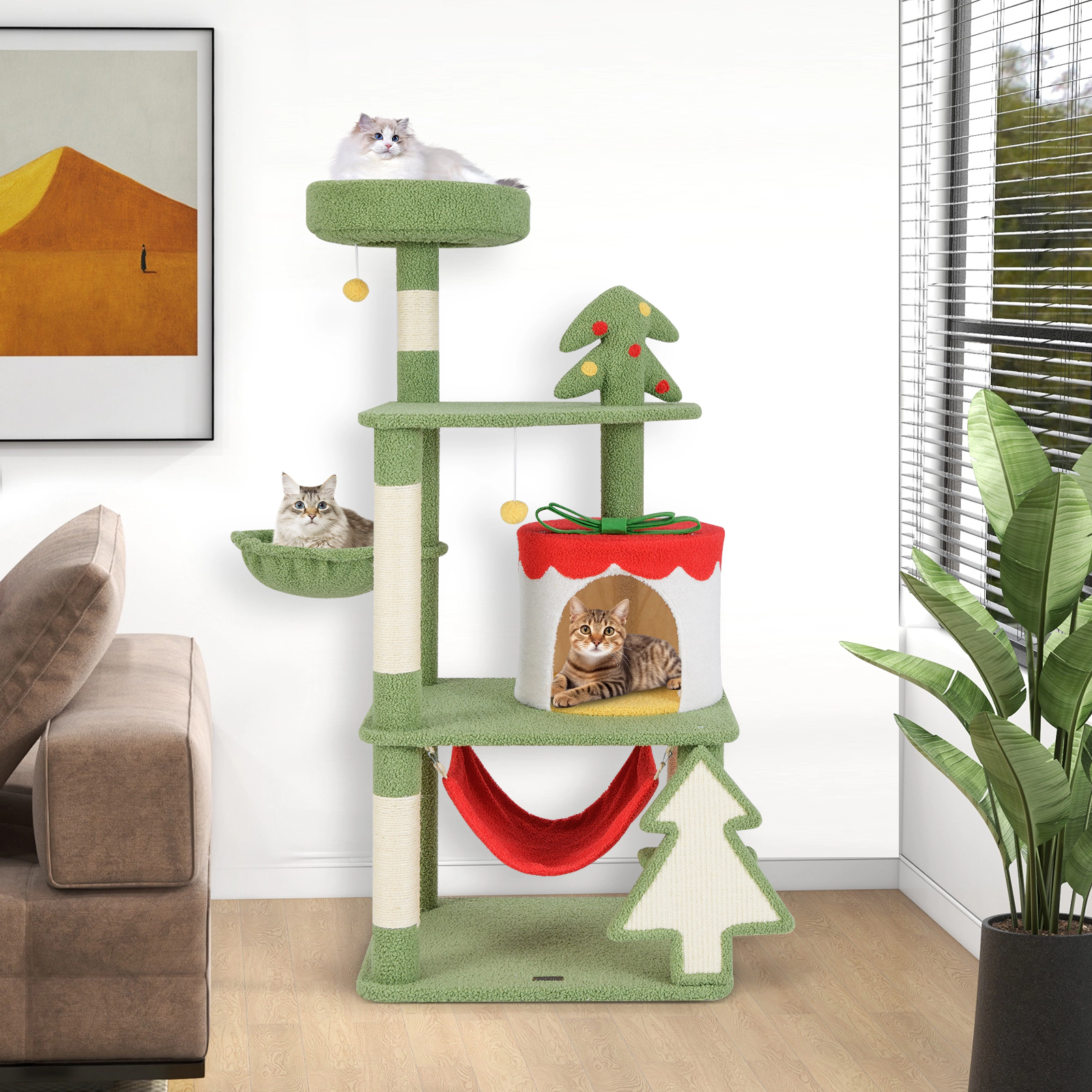 LJG Cute Christmas Cat Tree with Sisal Scratching Posts and Gift Box Shaped Condo
