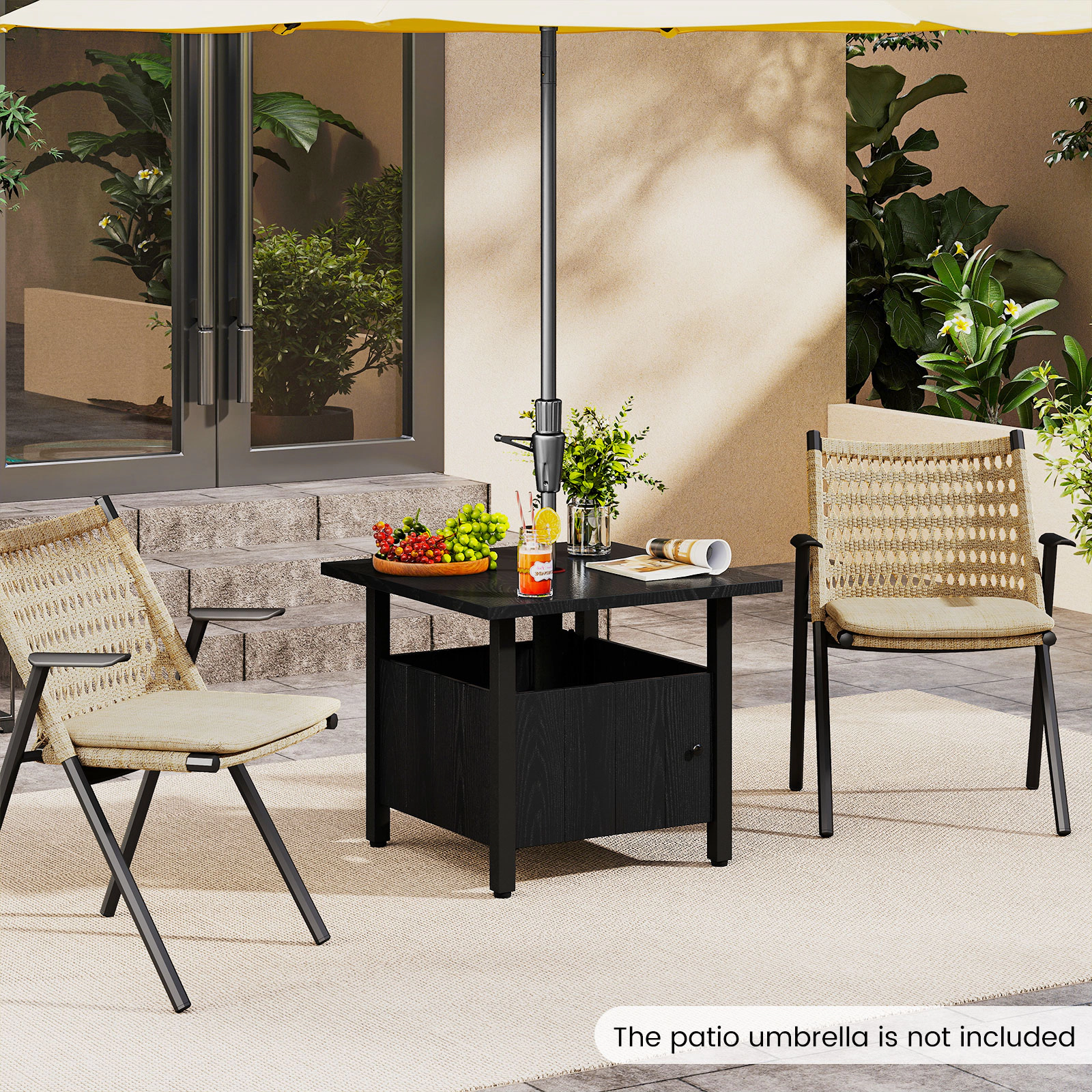 SUGIFT 22-In Black Outdoor Patio Side Table with Umbrella Hole, Base and Storage Door