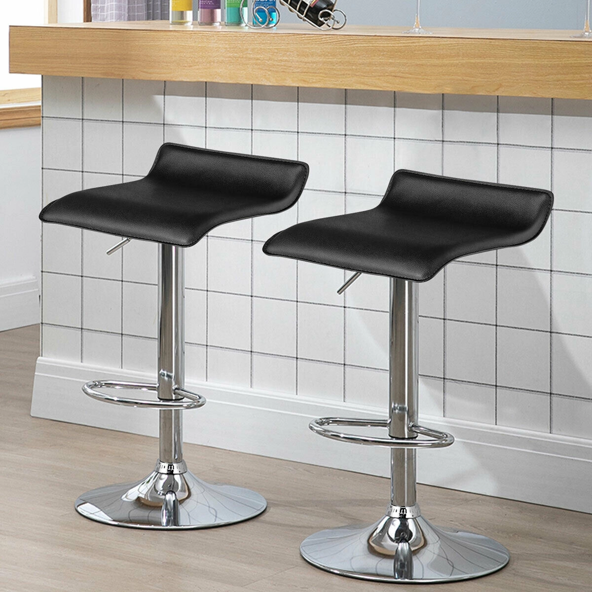 SUGIFT Set of 2 Black Adjustable Backless Swivel Bar Stools, 25-33 in, PU Leather, Chrome Base
