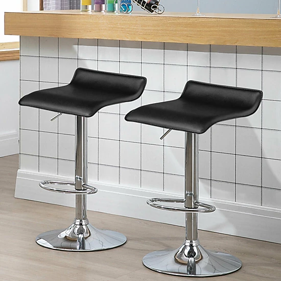 SUGIFT Set of 2 Black Adjustable Backless Swivel Bar Stools, 25-33 in, PU Leather, Chrome Base