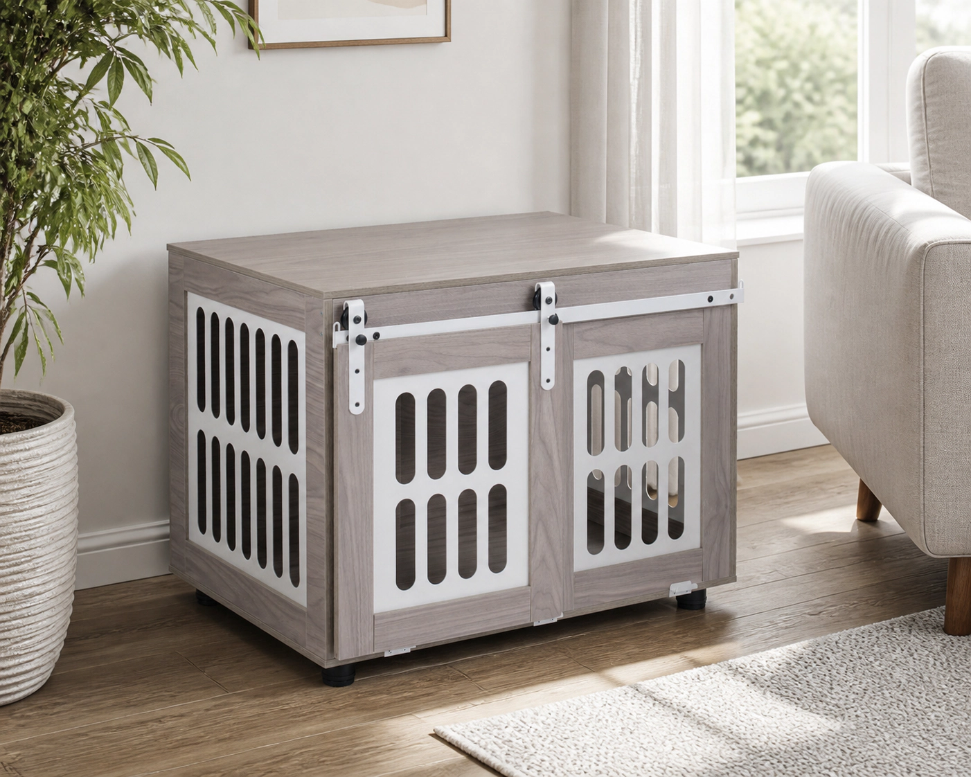 SUGIFT Gray Dog Crate Furniture with Sliding Barn Door Side Metal Windows and Locking Knobs for Dogs