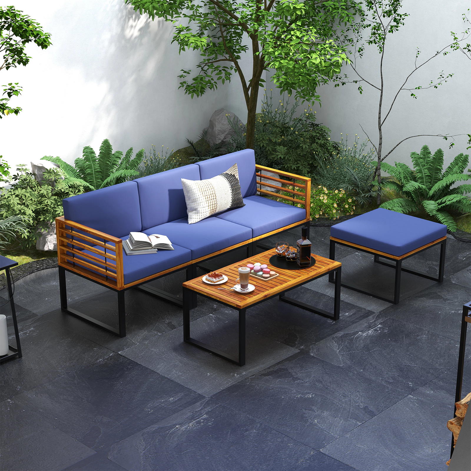 SUGIFT 5-Piece Navy Acacia Wood Patio Sectional Set with Ottoman and Coffee Table