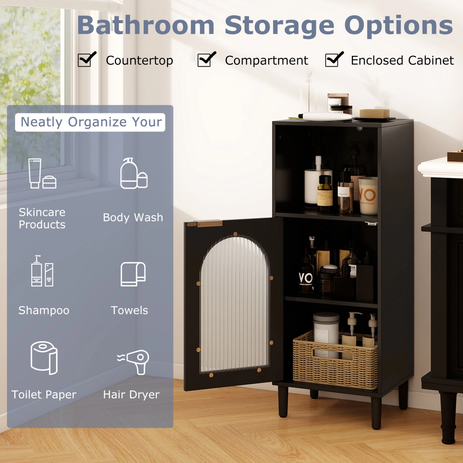 SUGIFT Black 110-lb Top Bathroom Floor Storage Cabinet with Wavy Tempered Glass Door and Adjustable Shelf