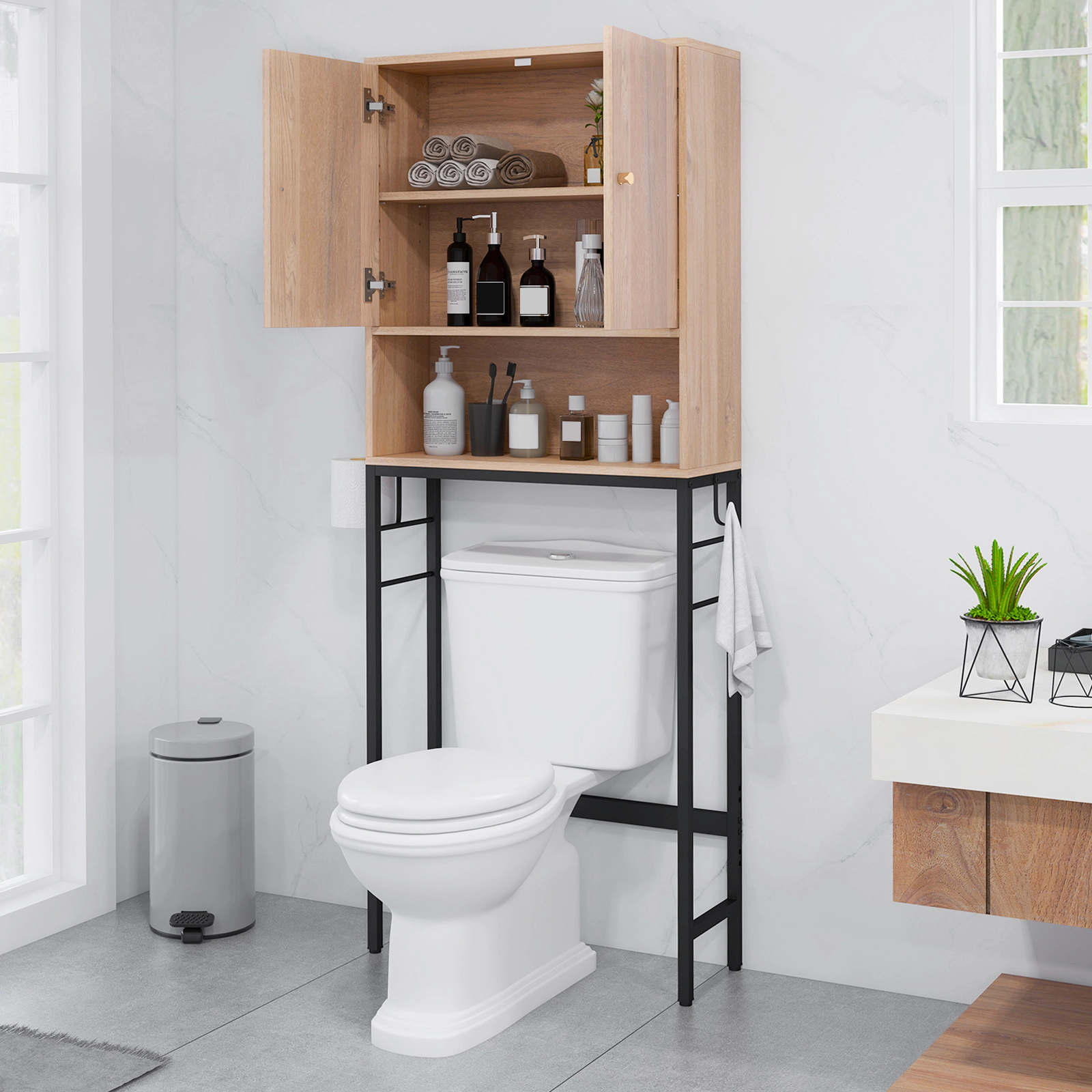 SUGIFT Over The Toilet Storage Cabinet with 2 Doors and Adjustable Shelf 9-in Deep 132-lb Capacity Natural Black White