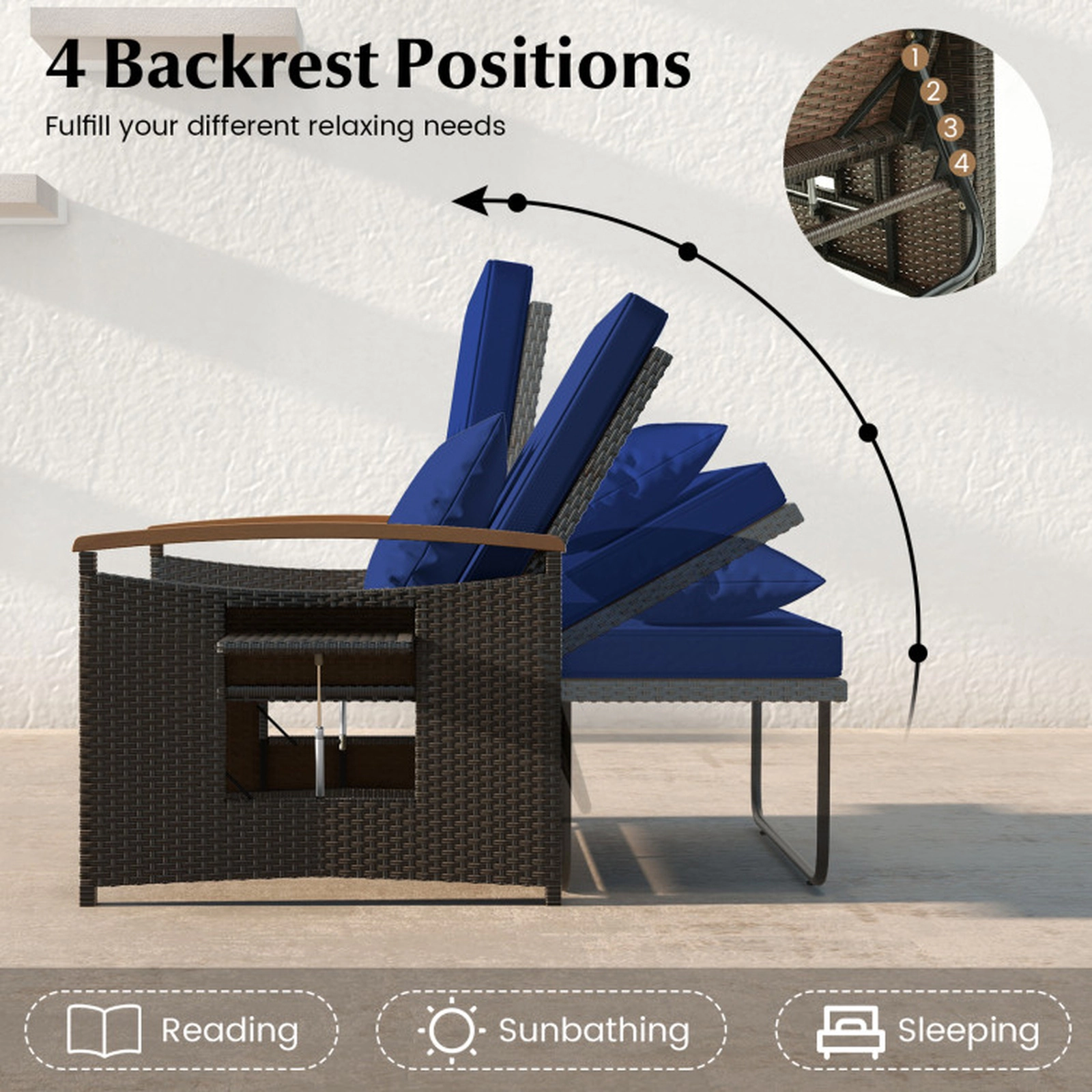 SUGIFT 4-in-1 Outdoor Wicker Chaise Lounge Daybed Loveseat with Folding Panels and Storage Ottoman 800-lb Capacity Navy