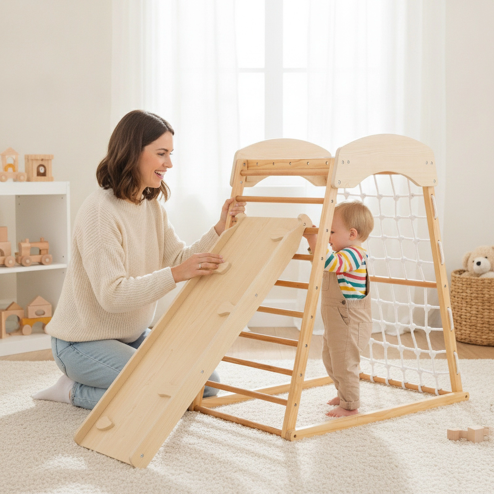 6-in-1 Wooden Jungle Gym Indoor Playground Tool-Free Adjustable Ramp Monkey Bars Floor Anchors 130-lb Ages 1+ Natural