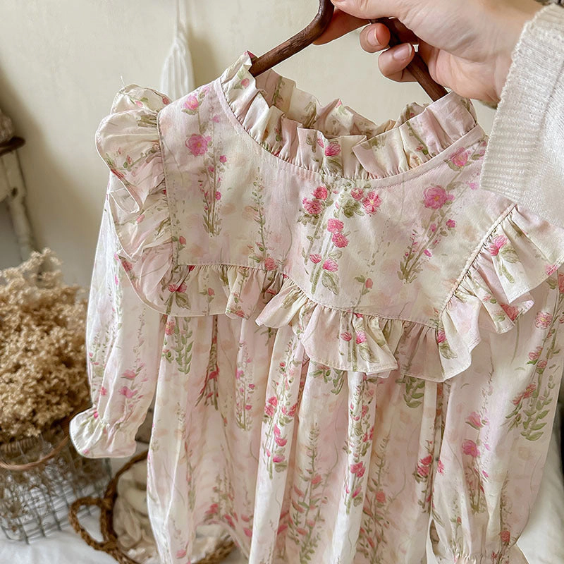 MyKids-USA Arrival French Style Autumn Girls Floral Pattern Long Sleeves Ruffle Dress