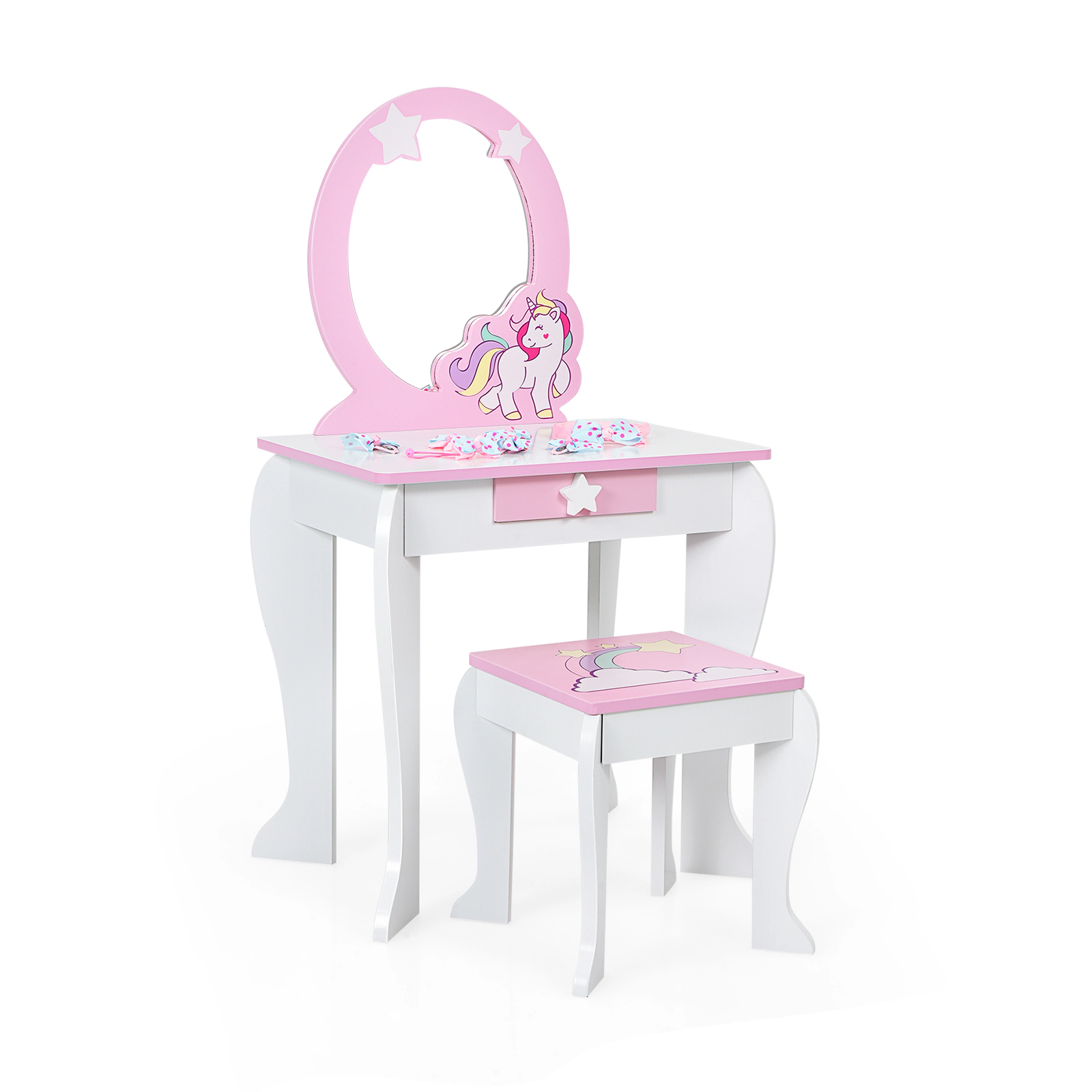 SUGIFT White and Pink Kids Vanity Table and Stool Set with Removable Mirror Top