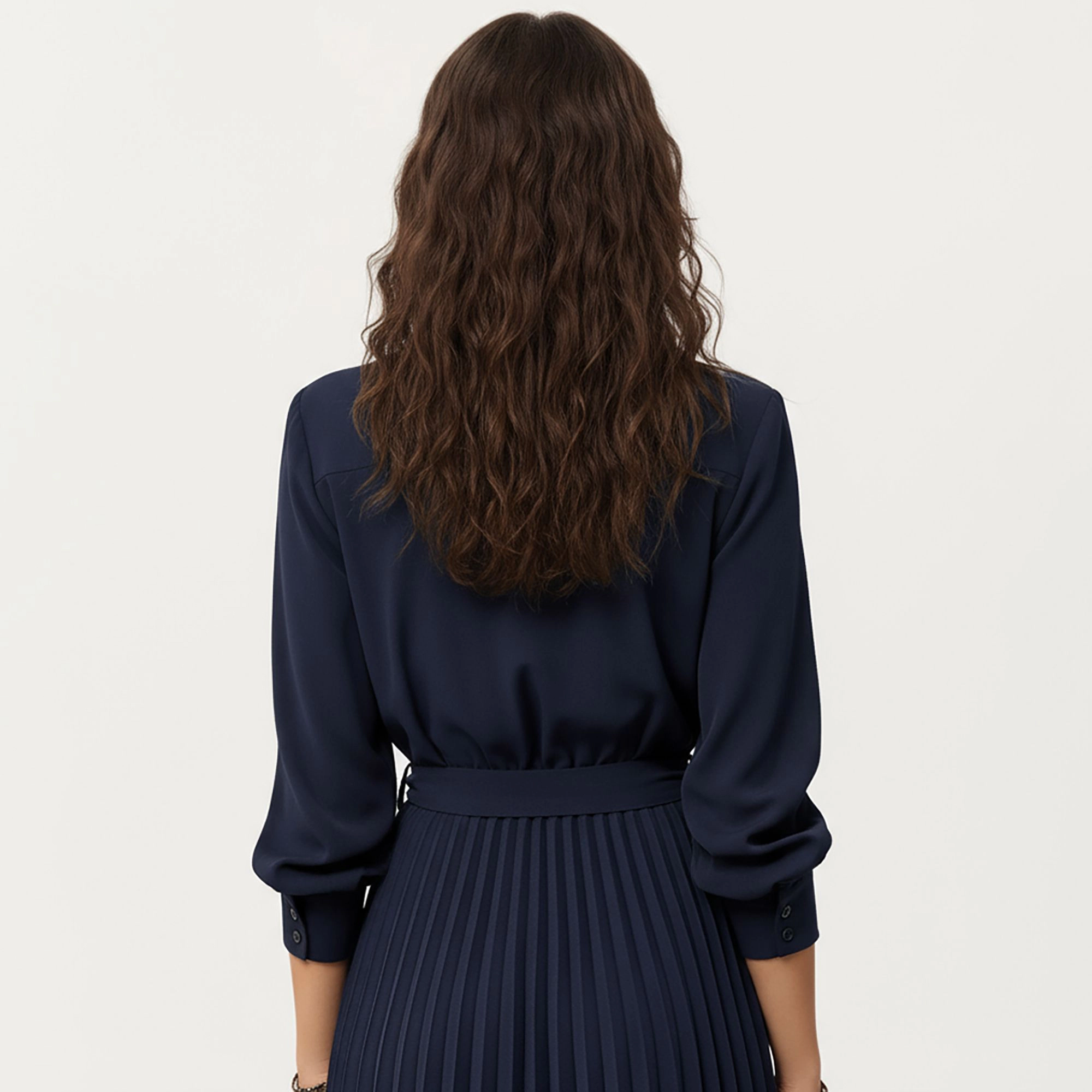 Anna-Kaci Women's Long Sleeve Pleated Skirt Structured Wrap Front Collar Detail Belted Waist Dress