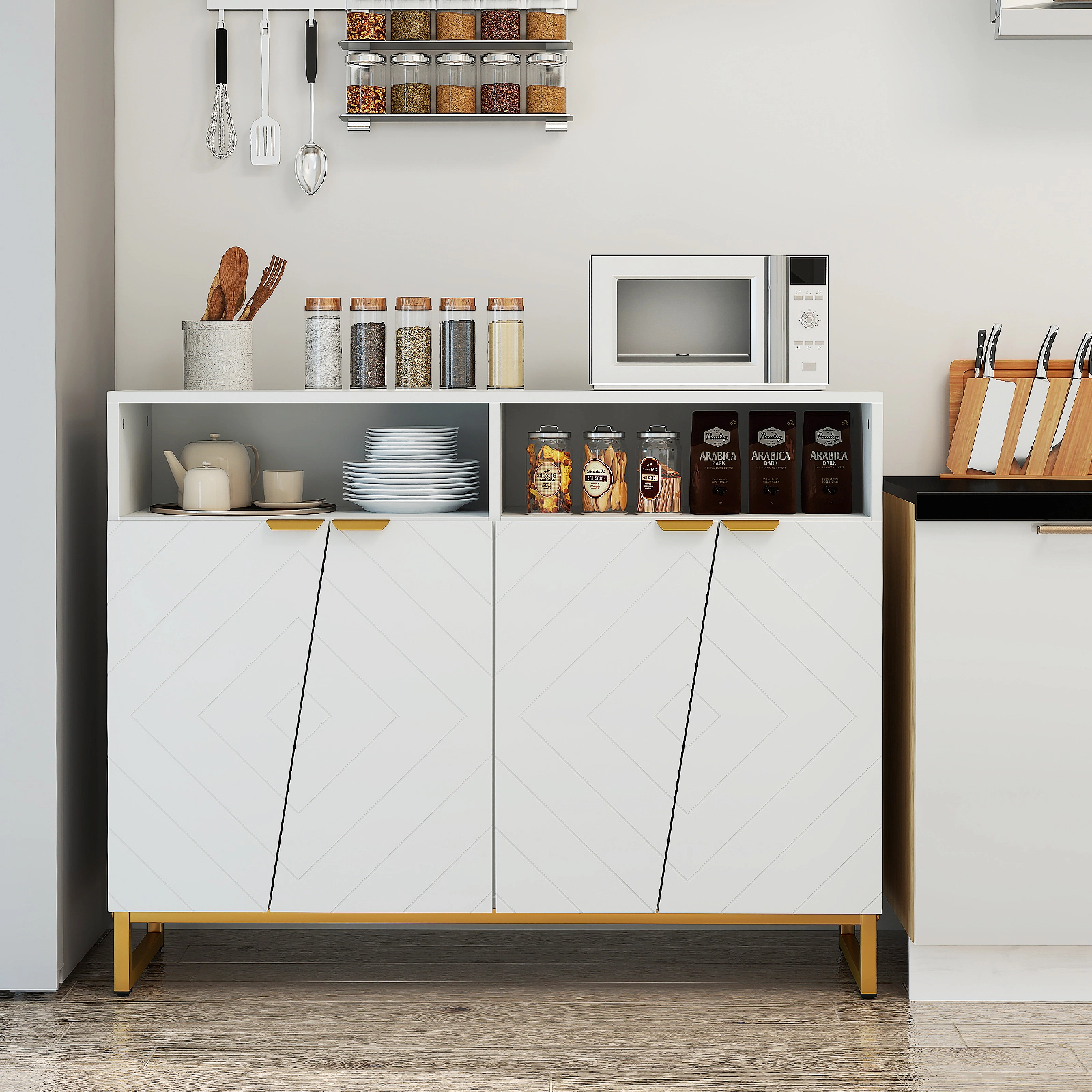 Glintex 40-Inch Sideboard with 4 Doors and 220-Lb Countertop, White