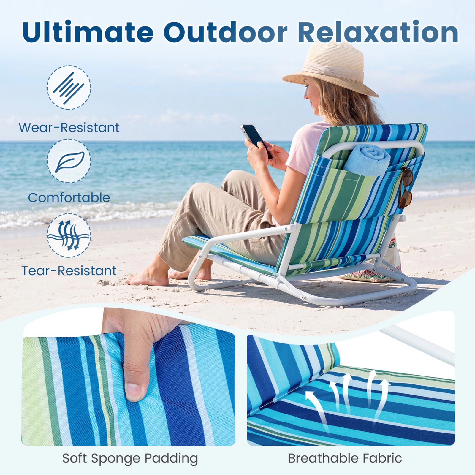 SUGIFT Navy Sponge Padded Seat 440-lb Set of 2 Folding Beach Chairs