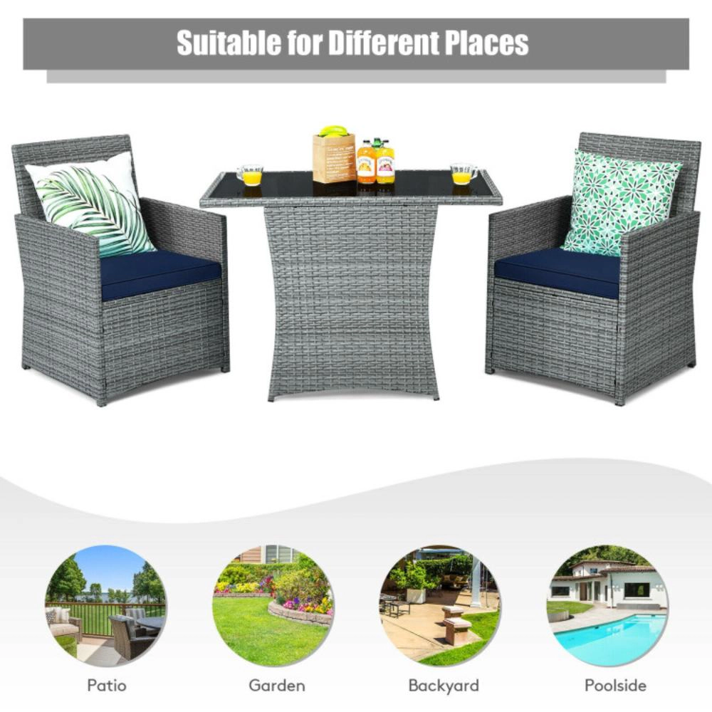 Hivvago 3 Pieces Patio Rattan Furniture Set With Cushioned Armrest Sofa