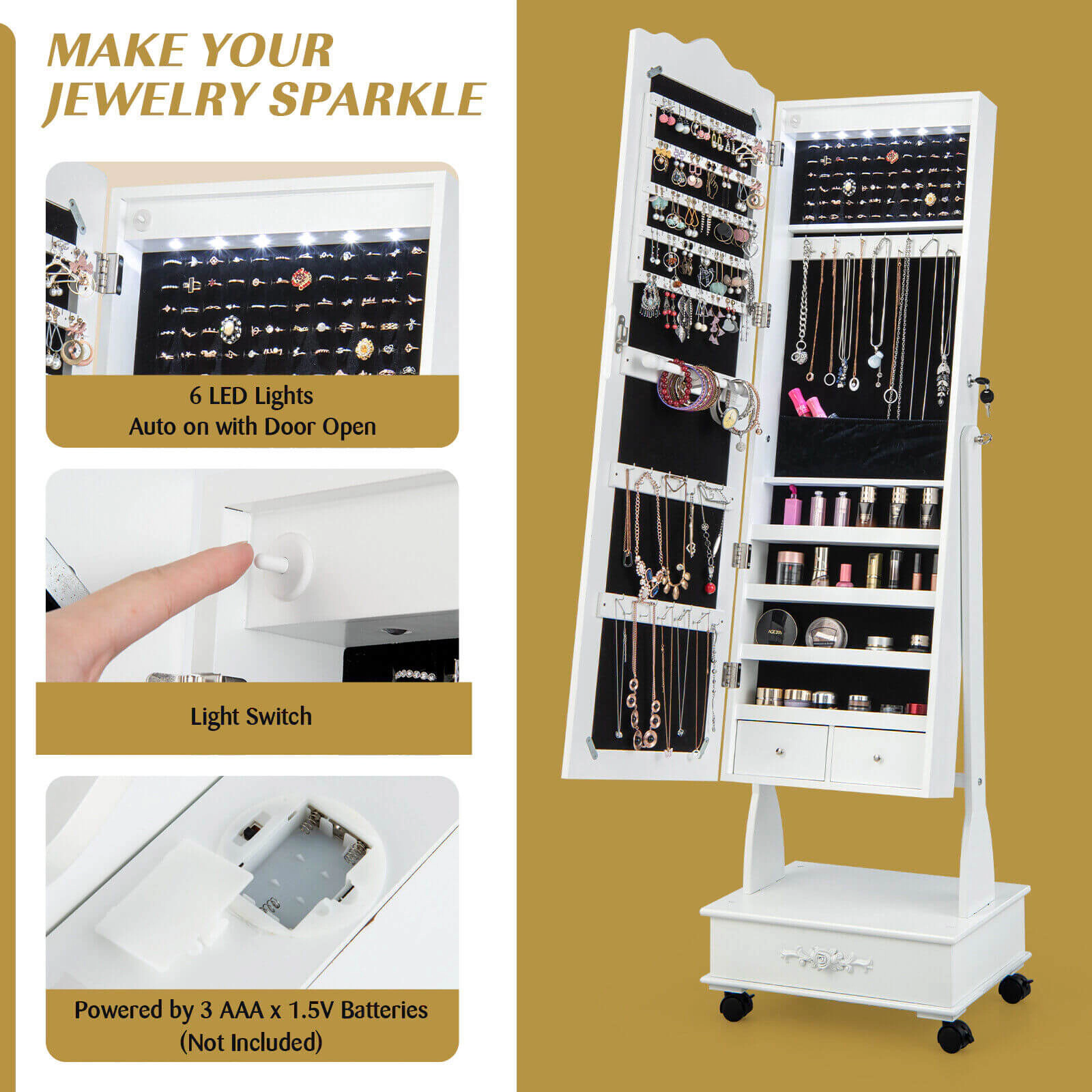 Slickblue Freestanding Rolling Jewelry Storage Cabinet with Full-Length Mirror, Lockable Armoire, Drawer and Shelf