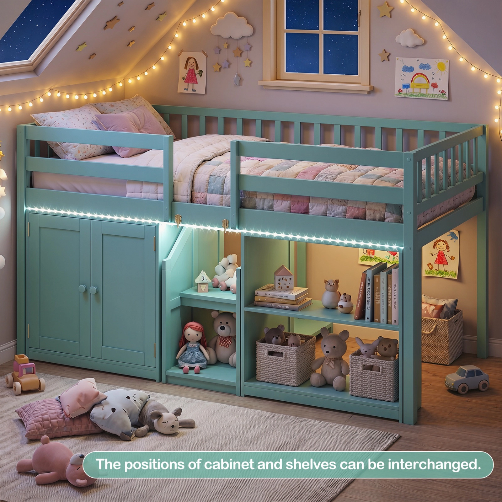 SUGIFT Green LED Lights Stairs Bookshelf and Cabinet Twin Size Kids Loft Bed