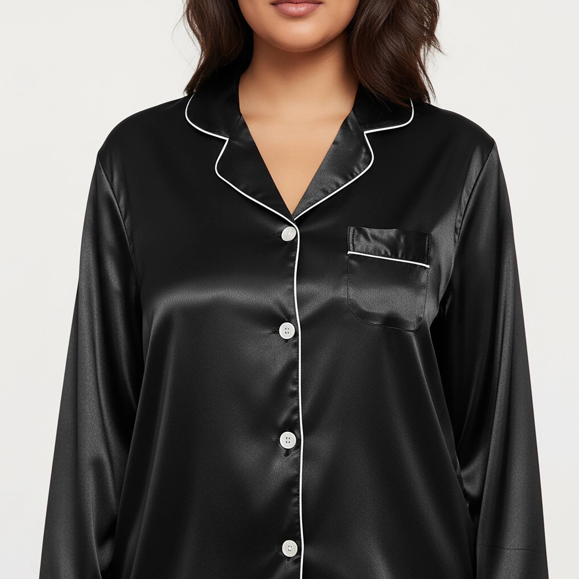 Anna-Kaci Women's Plus 2-Piece Satin Button Up Pajama Top and Relaxed Fit Pants with Contrast Piping Trim