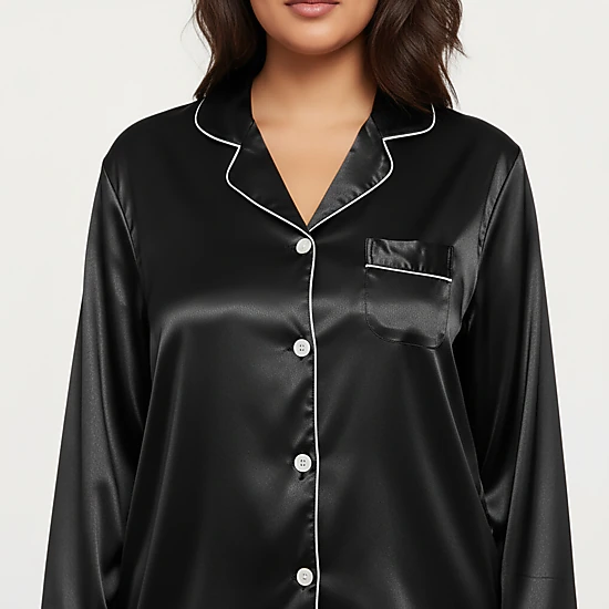 Anna-Kaci Women's Plus Size 2-Piece Satin Button Up Pajama Top and Relaxed Fit Pants with Contrast Piping Trim
