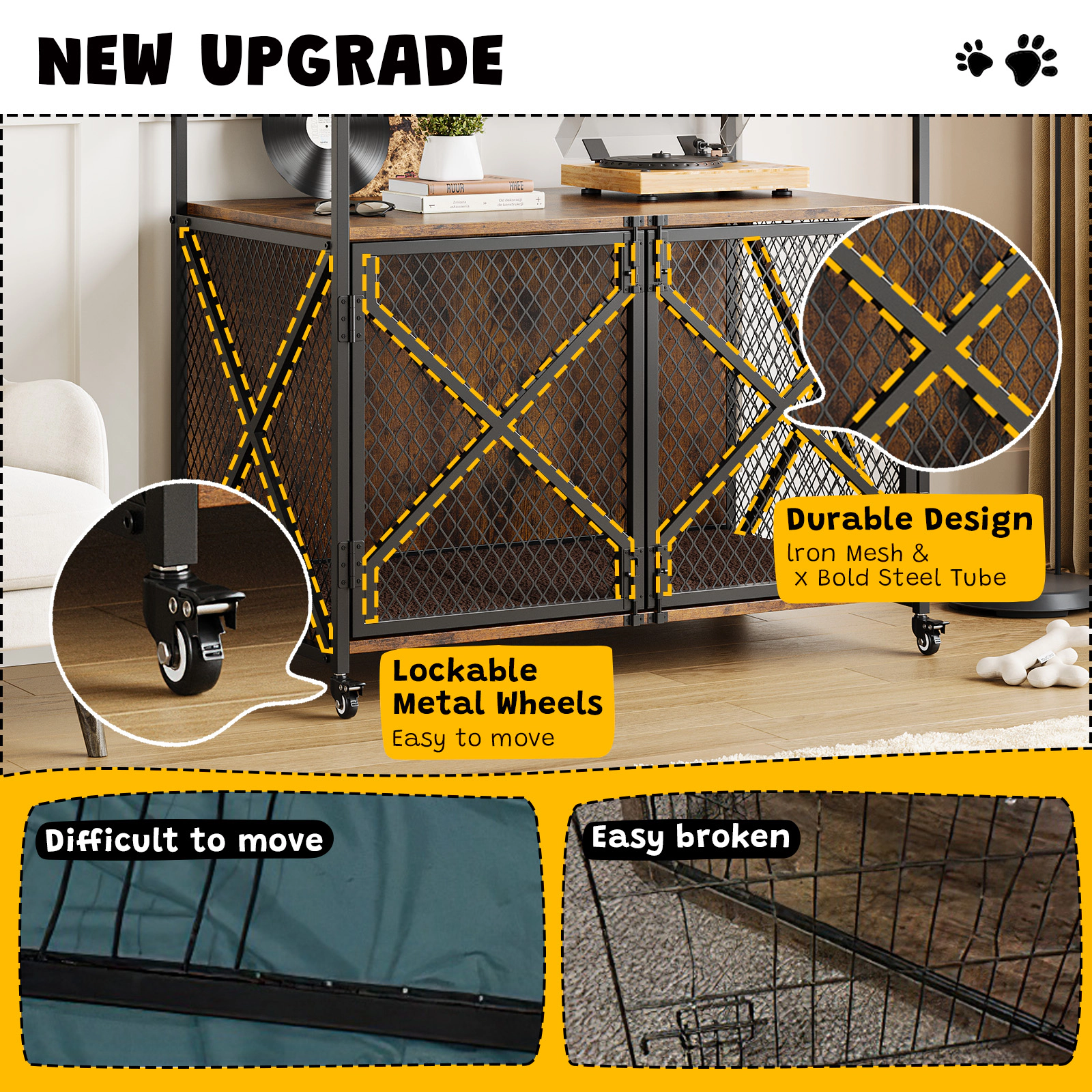 Farmhouse Style Dog Crate Furniture with 360° Wheels & 4 Latches, Heavy Duty End Table for Living Room, Rustic Brown