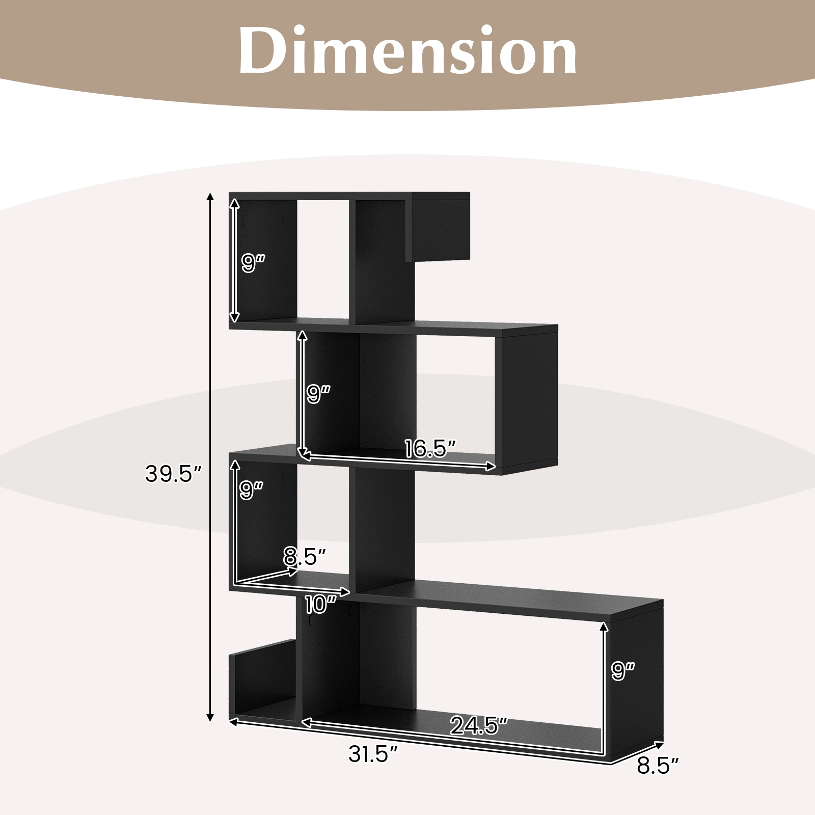 SUGIFT 5-Tier S-Shaped Geometric Z-Shelf Bookcase with Open Cubes 44-lb Top Capacity Engineered Wood 31.5-in Wide Black