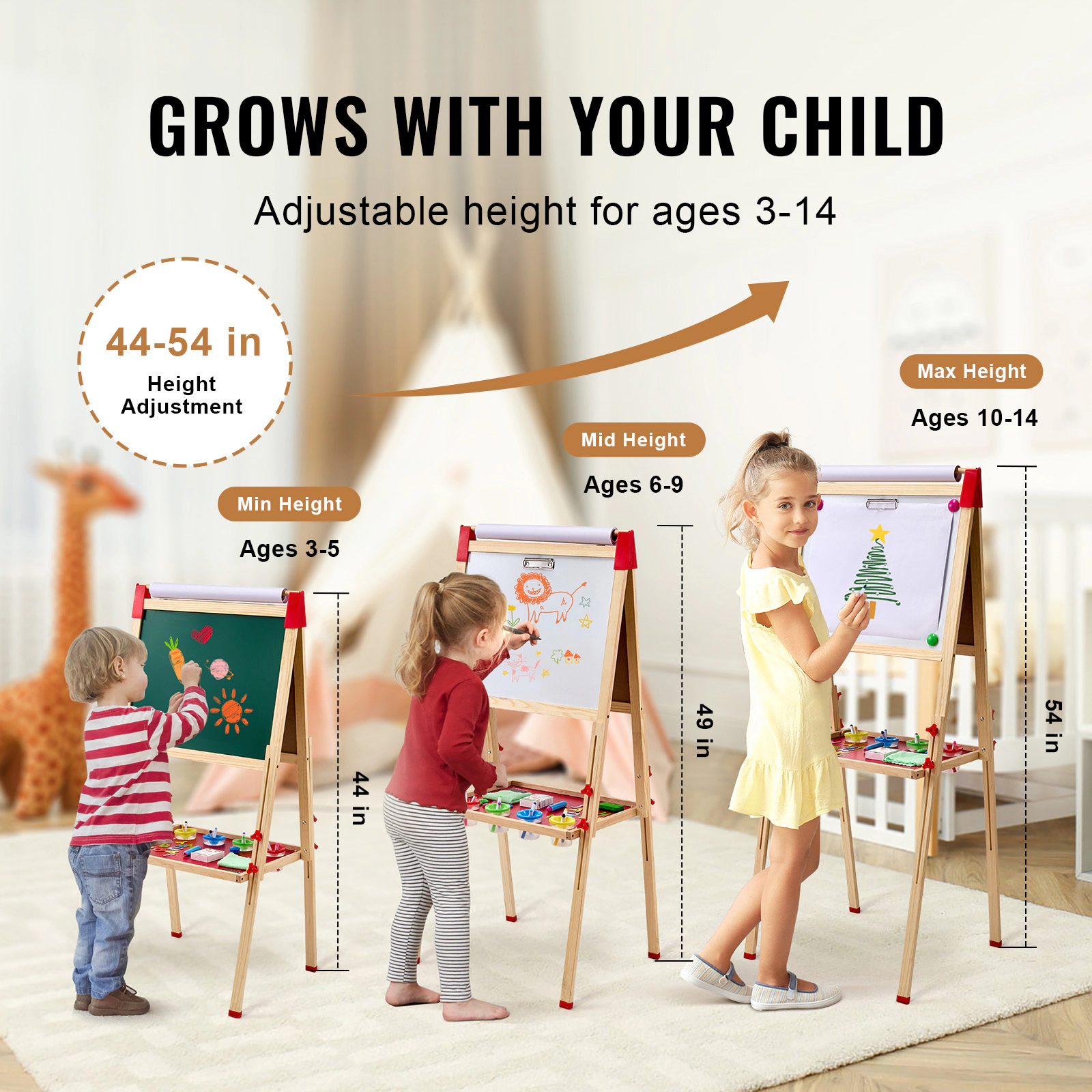 HONGGE Art Easel for Kids, 3-in-1 Wooden Double-Sided Kid's Art Easel with Magnetic Whiteboard, Chalkboard, Paper Roll