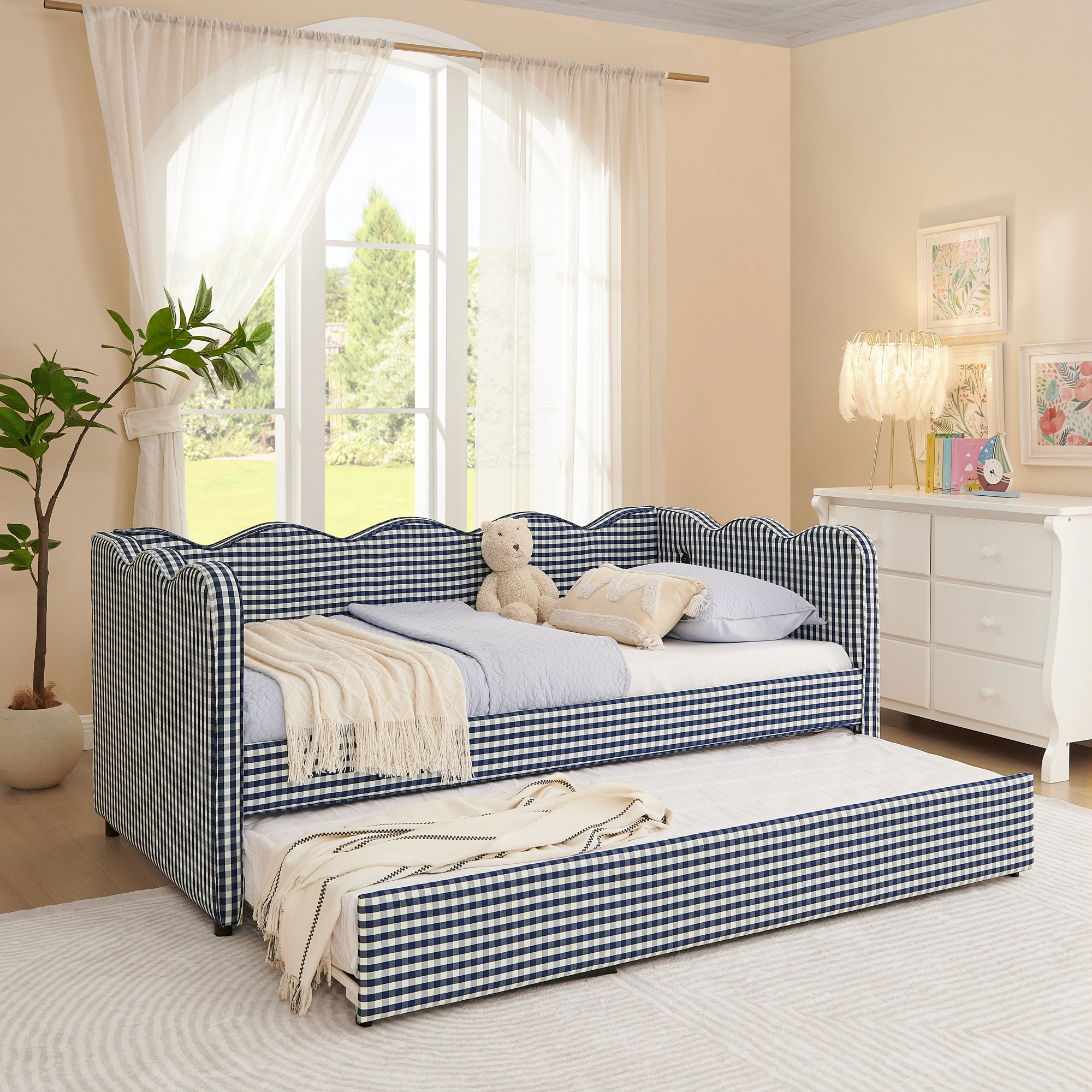 Flynama Gingham Daybed with Twin Trundle, USB Port, Wave Design, Linen, Navy