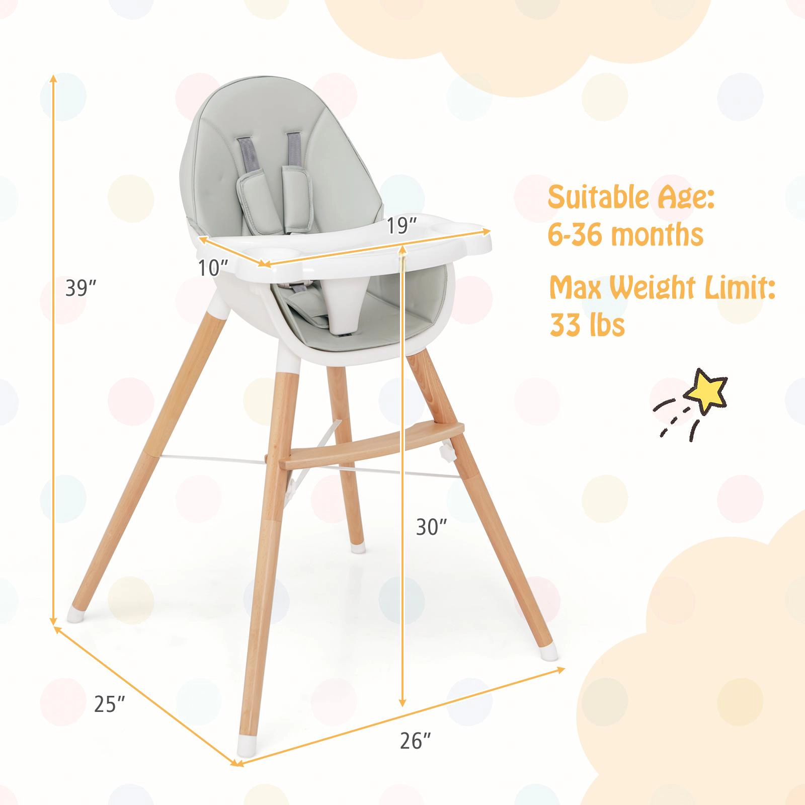 SUGIFT Beech Wood Baby High Chair 4-Level Dishwasher Safe Tray 33-lb Capacity Ages 6-36 Months 26-in Wide Beige/Gray