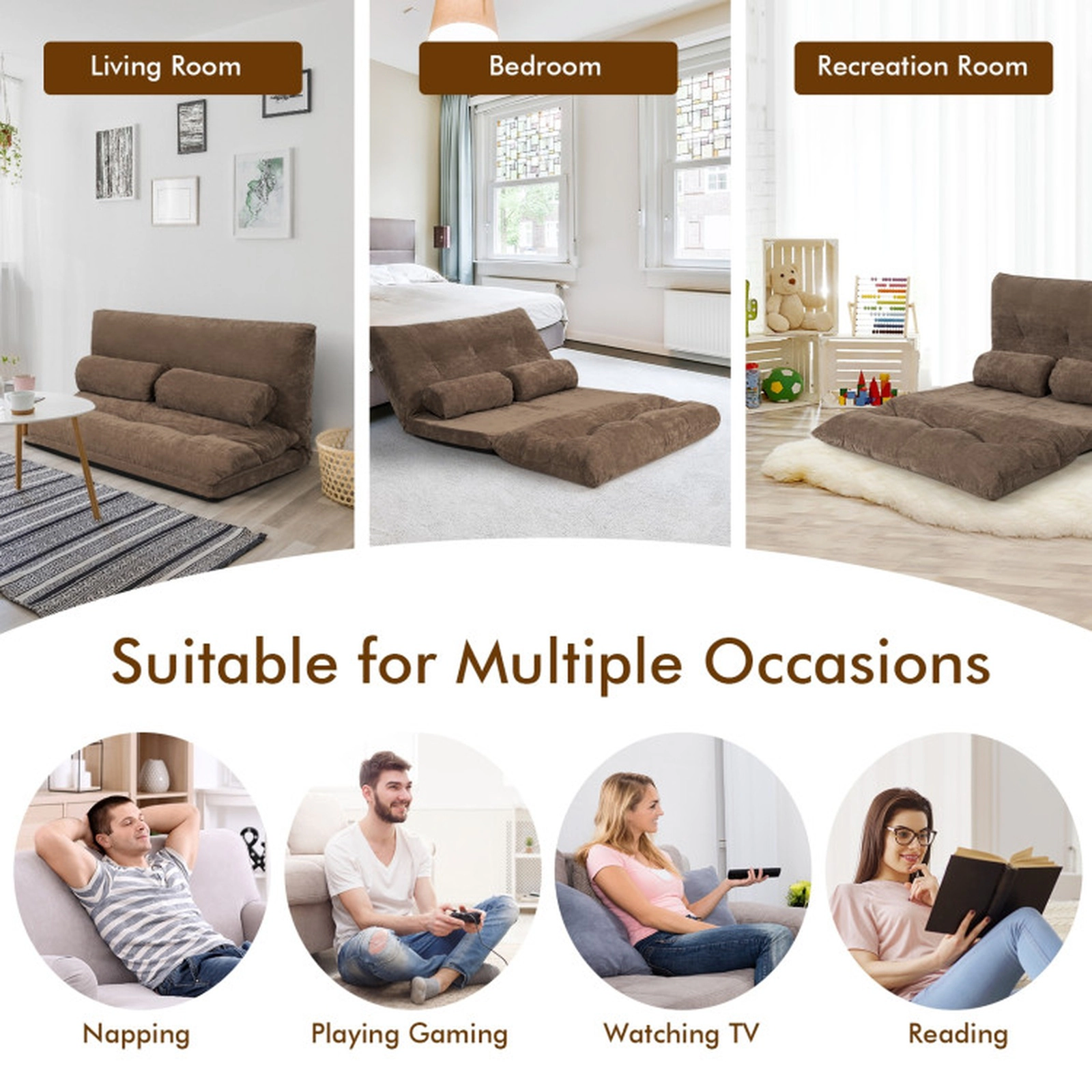 SUGIFT 6-Position 2 Bolster Pillows Corduroy Convertible Floor Sofa Bed 71-in x 42.5-in x 7-in 330-lb Capacity Brown