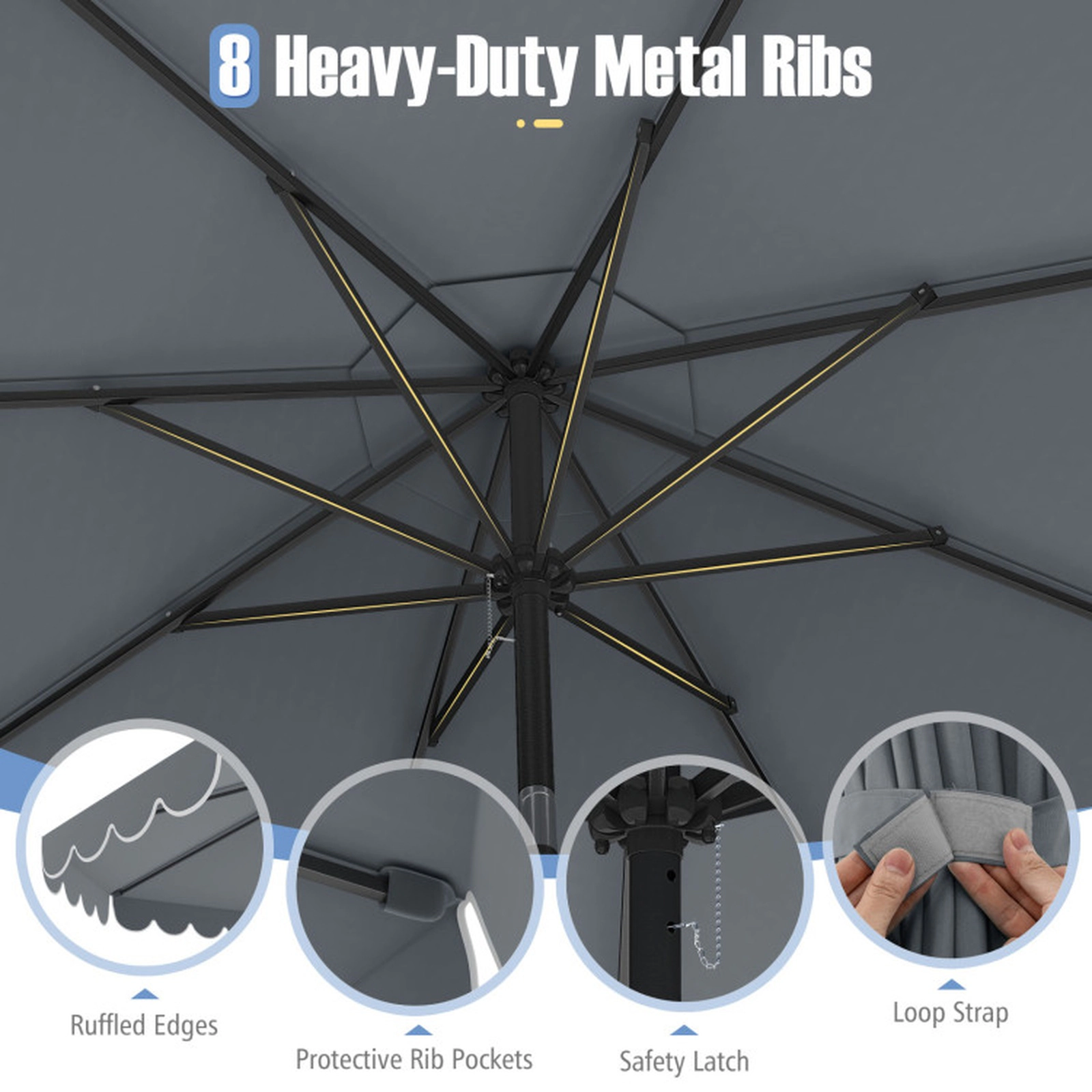 SUGIFT Gray Patio Market Umbrella with Crank Handle Push Button Tilt and Ruffled Edges 10-ft Dia 8.2-ft H
