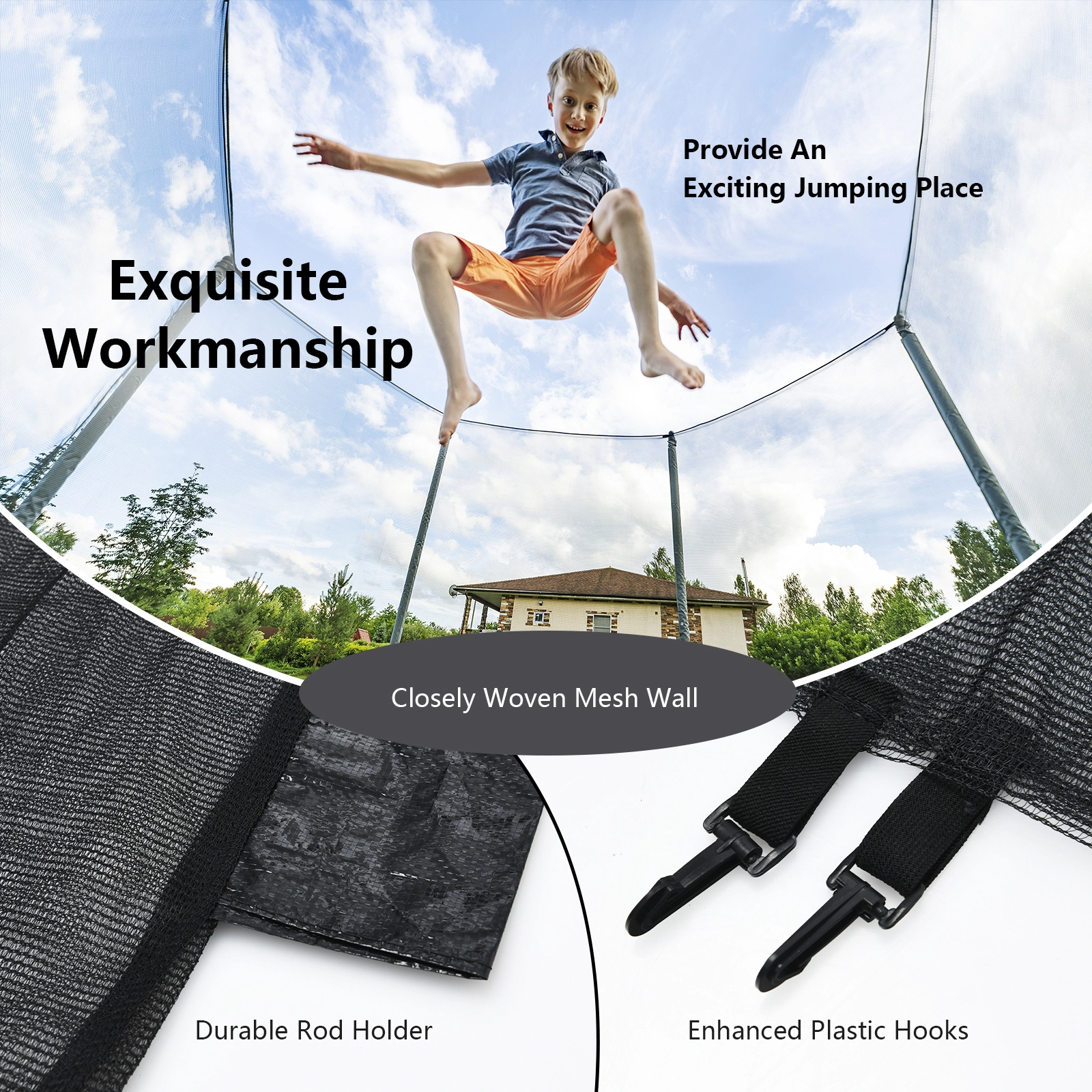 Trampoline Safety Net Replacement 8-ft Round Trampolines 6 Straight Poles 6-ft Tall PE Enclosure Net Double Door Black