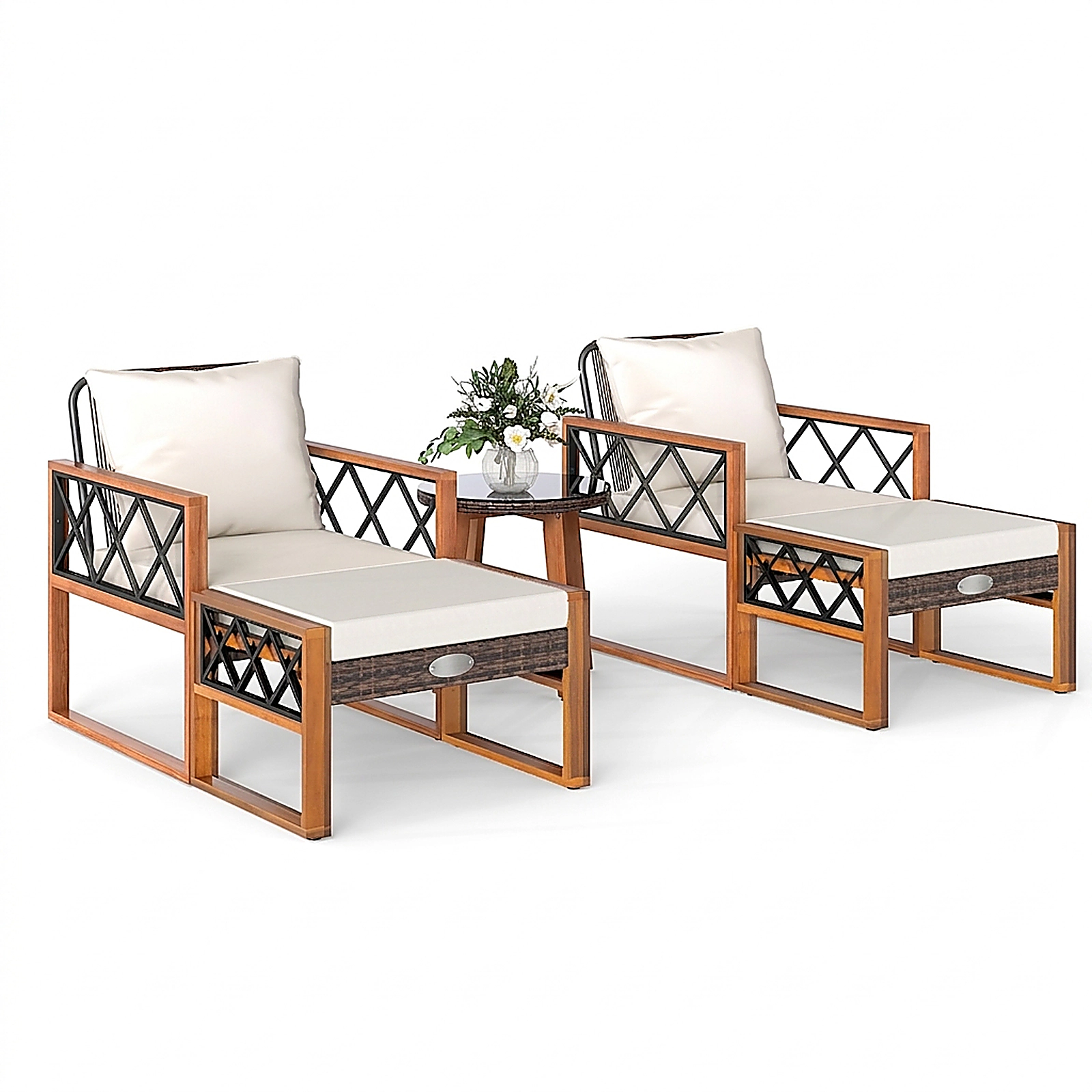 SUGIFT 5-Piece Brown Wicker Patio Set with 2 Lounge Chairs, 2 Ottomans and Acacia Wood Glass-Top Table