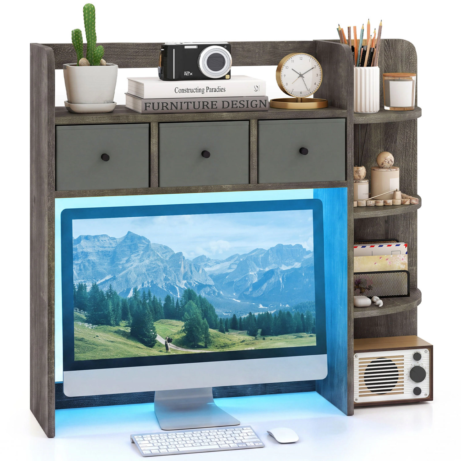 LJG Desktop Bookshelf with LED Lights 5-Tier Shelves and 3 Drawers for Home Officce