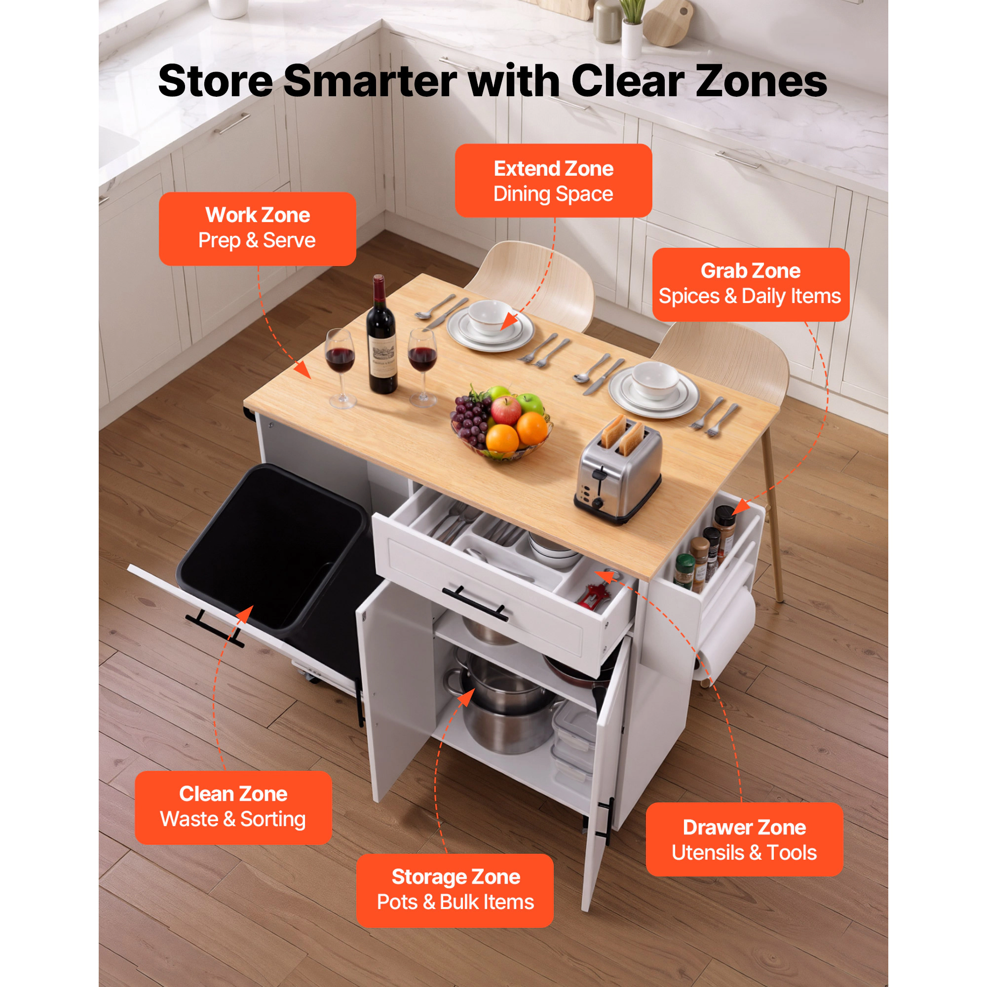 HONGGE Kitchen Island Cart with Storage Mobile Rolling Storage Island on Swivel Wheels with Drawer Storage Cabinet Rack
