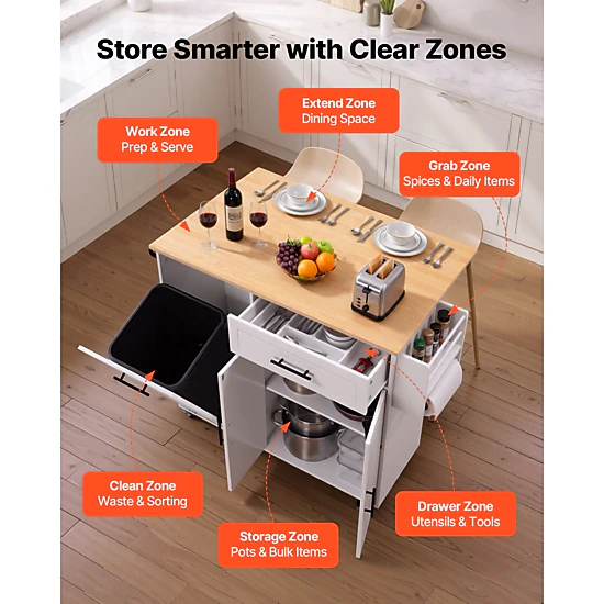 HONGGE Kitchen Island Cart with Storage Mobile Rolling Storage Island on Swivel Wheels with Drawer Storage Cabinet Rack