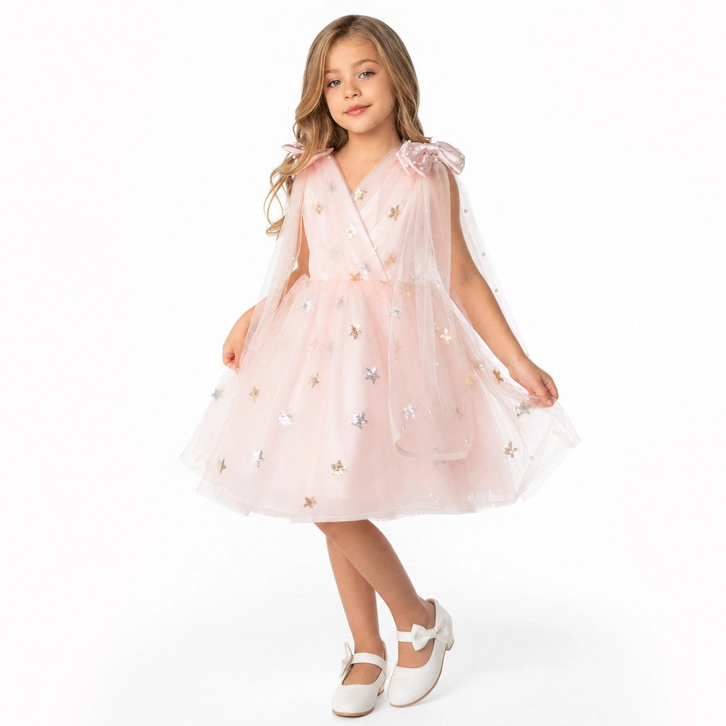Faeella Girls Twinkle Star Blush Pink Sequin Birthday Dress