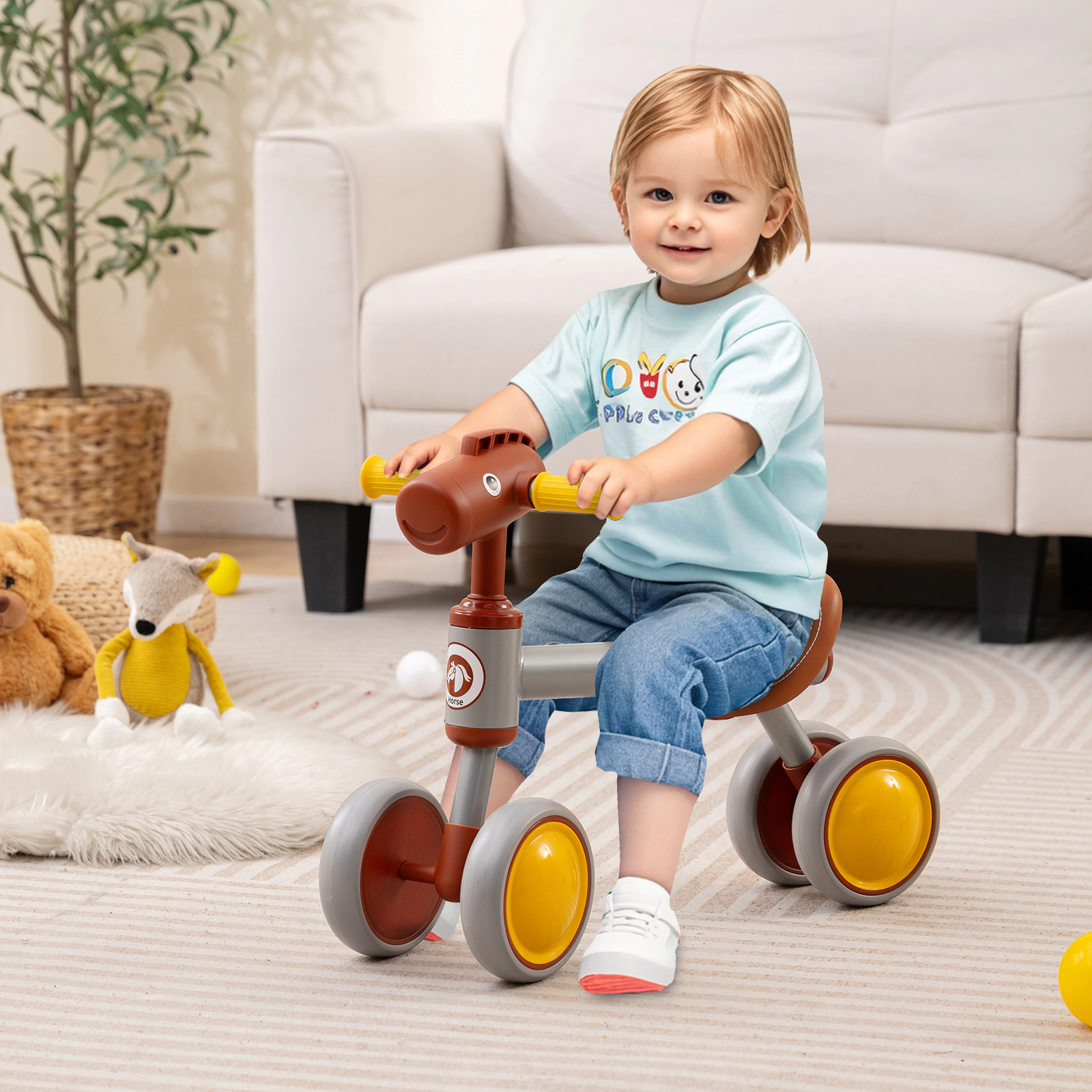SUGIFT Brown No Pedal 4 Wheel Ride On 135 Degree Limit Steering Baby Balance Bike