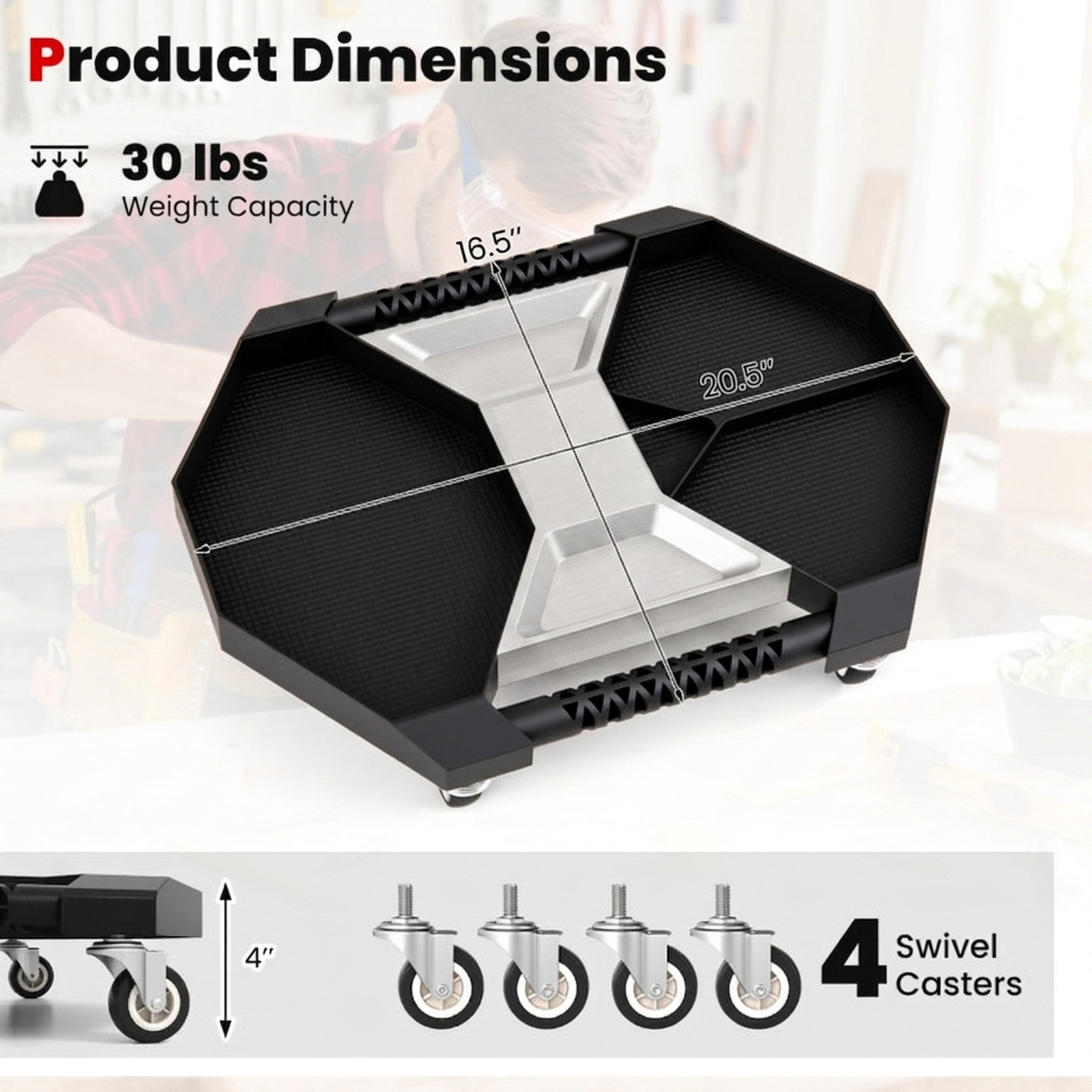 SUGIFT 4-Compartment Rolling Tool Creeper Shelving Unit with 4 Swivel Casters 30-lb Capacity Black