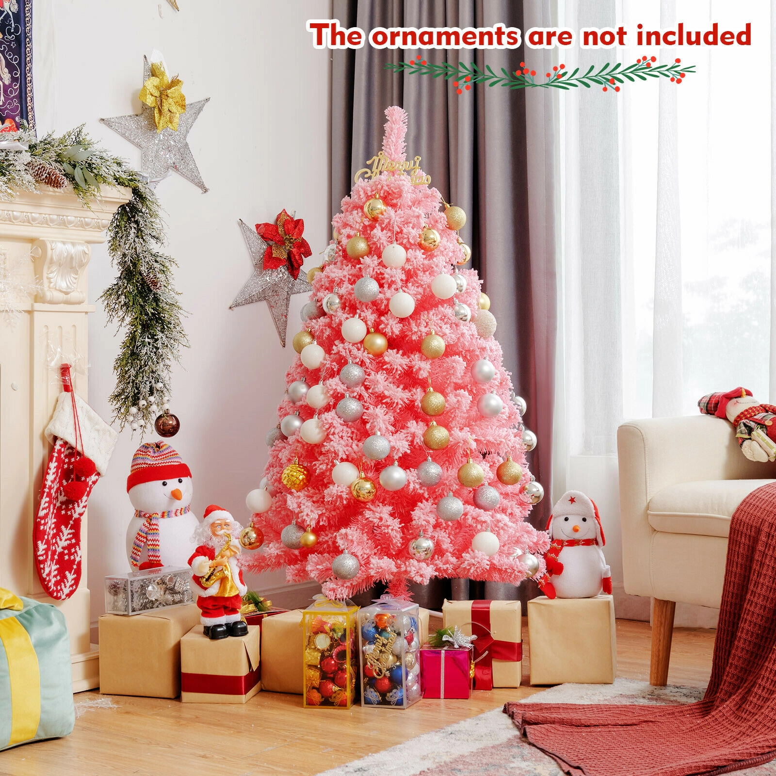 Glintex 4.5-Ft Pink Snow Flocked Christmas Tree with 348 Tips and Metal Stand, Pink