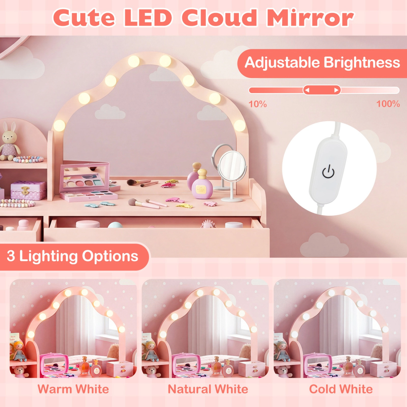 SUGIFT Pink Lighted Mirror Side Cabinet Adjustable Shelf and Stool Kids Vanity Desk