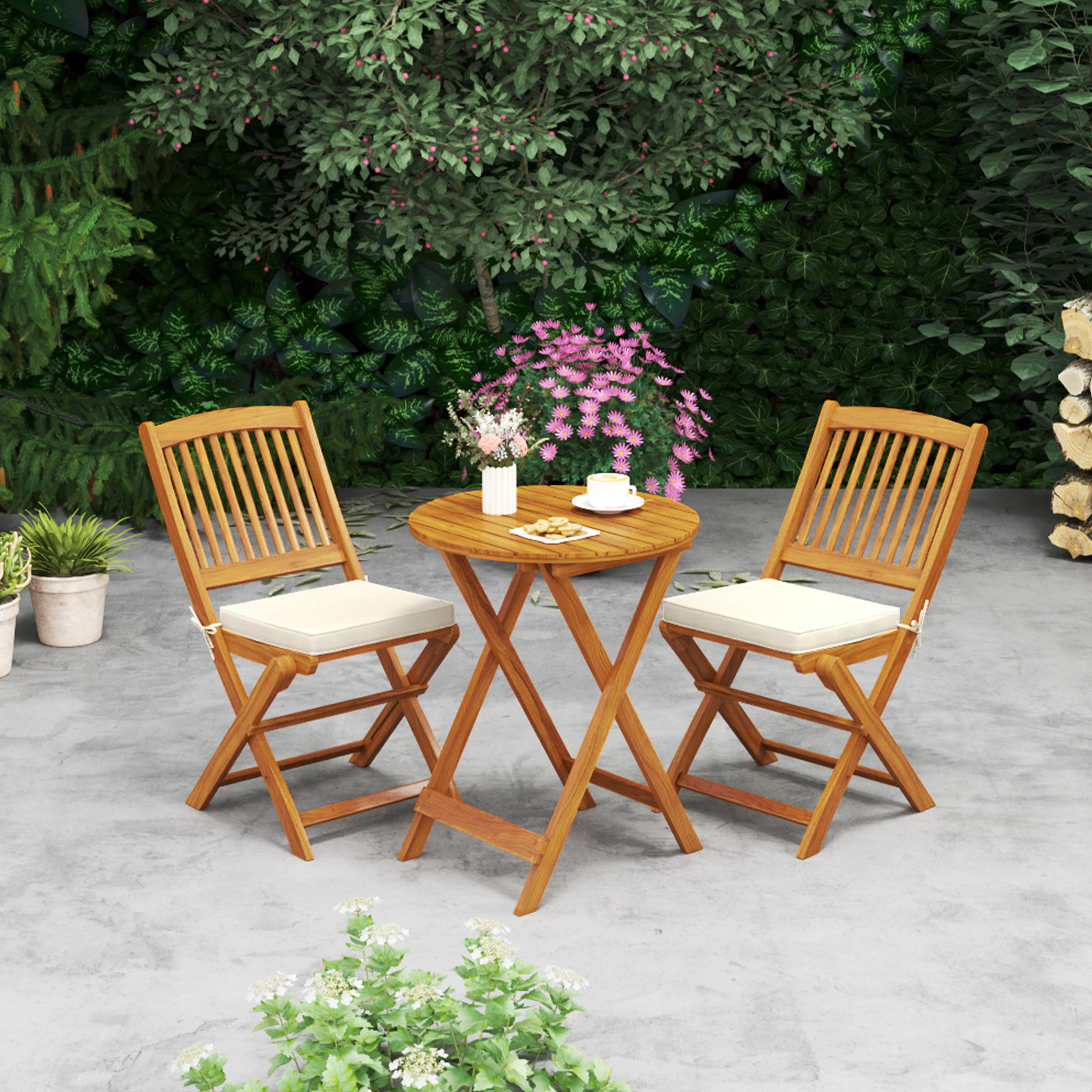 SUGIFT Set of 2 Natural Acacia Wood Folding Outdoor Chairs with Beige Cushions, 400 lb Capacity