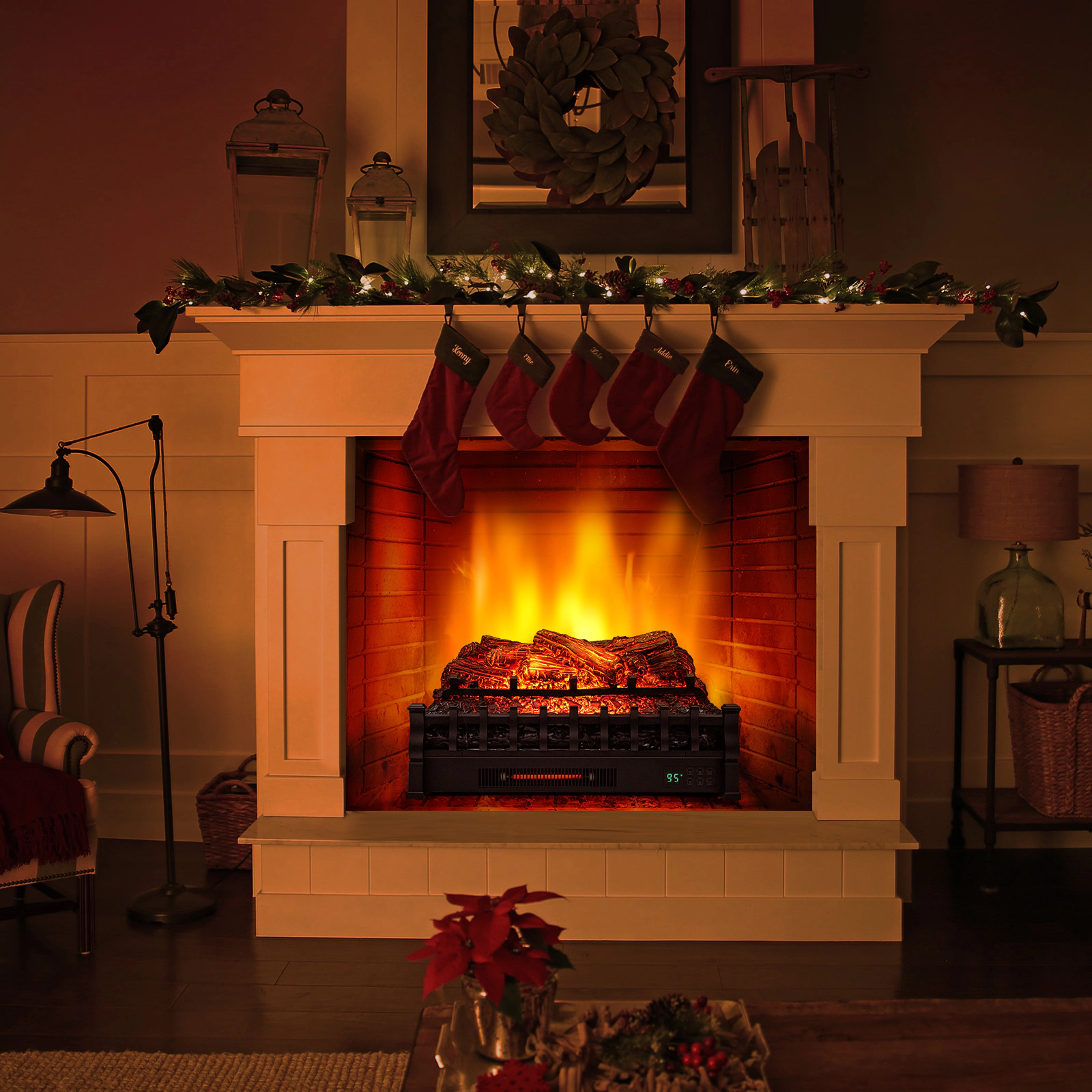 LJG 26 Inches Infrared Quartz Electric Fireplace with Realistic Pinewood Ember Bed