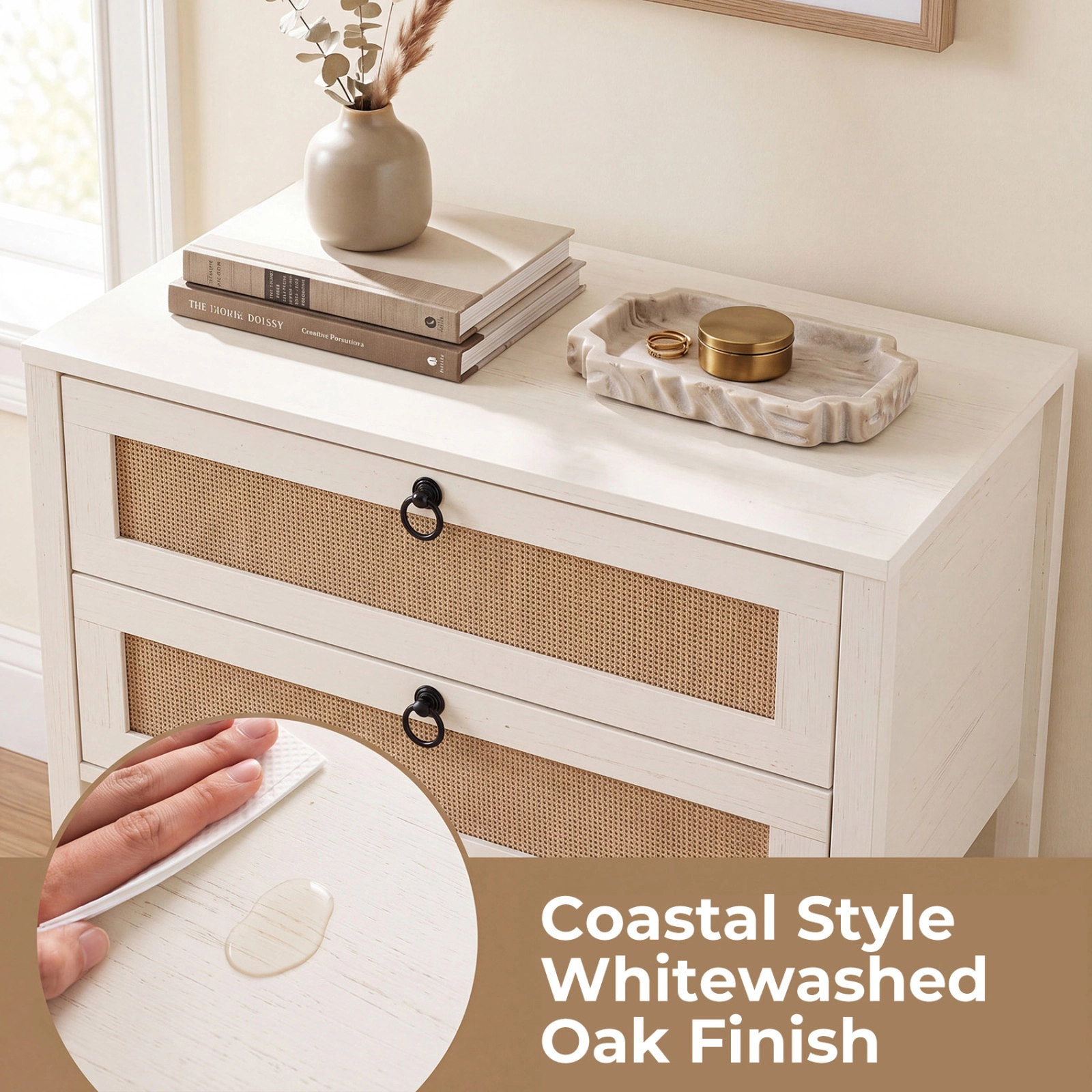 SUGIFT Whitewashed Oak 2 Drawers and Bottom Open Shelf 27 Inch Boho Rattan Nightstand