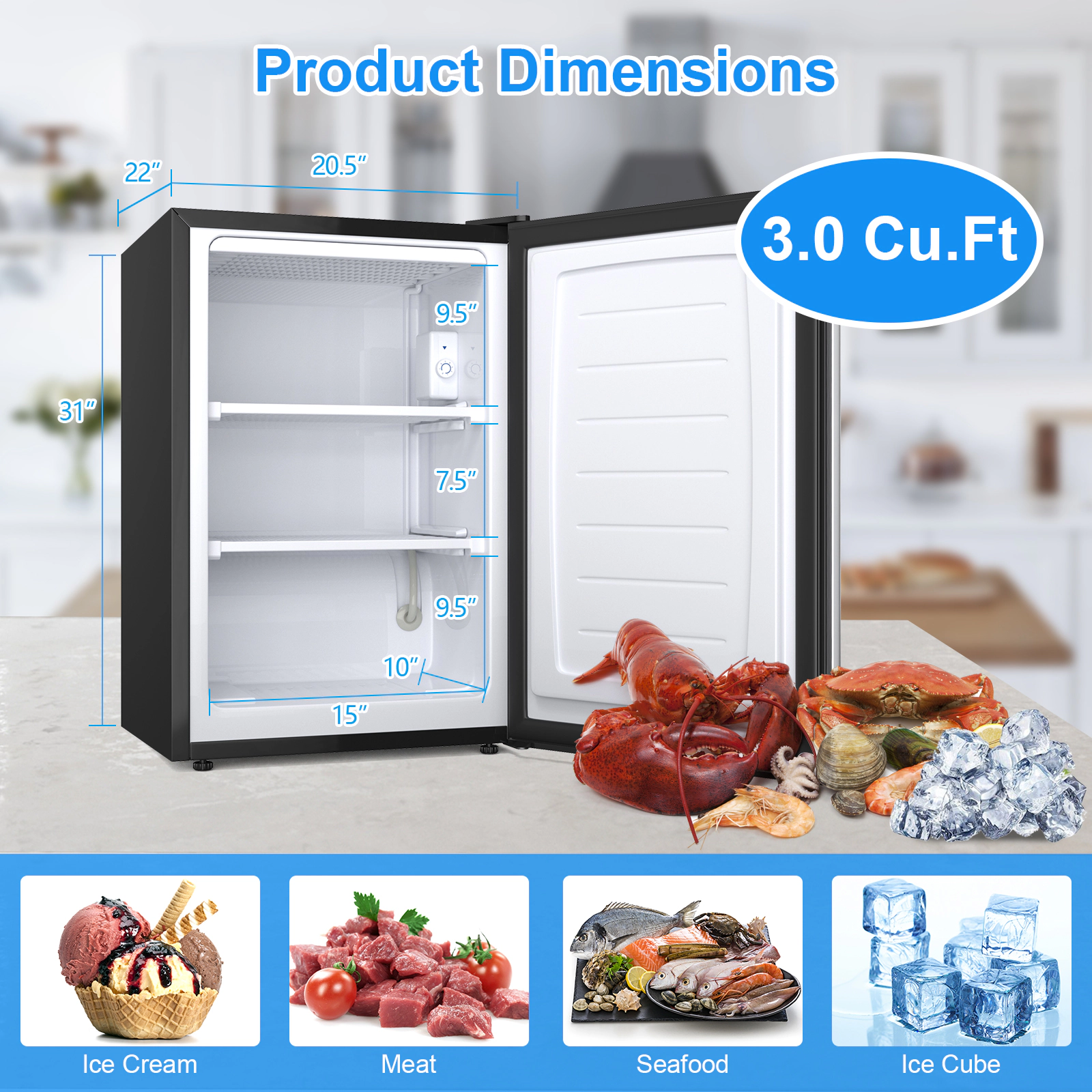SUGIFT 3-Cu-Ft Stainless Steel Upright Freezer with 2 Chrome Shelves and Recessed Handle 20.5-in W 20-in D 31-in H