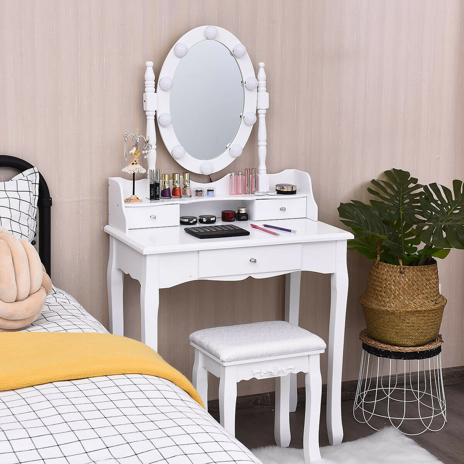 SUGIFT Oval Mirror Vanity Set with 10 Dimmable LED Bulbs Memory Function and 3 Crystal Handle Drawers