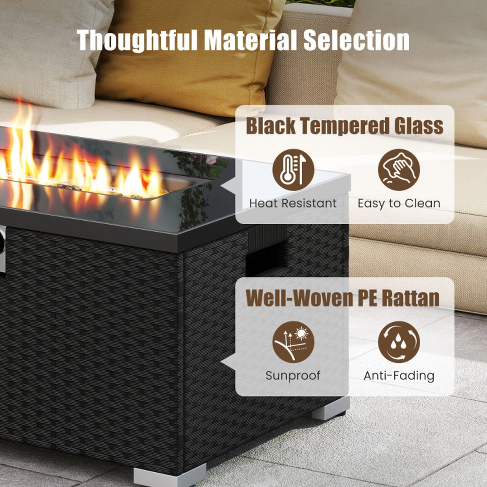 SUGIFT 2-Piece Rattan Gas Fire Pit Table Set 32-in Rectangle 265-lb Capacity with Tank Cover Black Tempered Glass Top