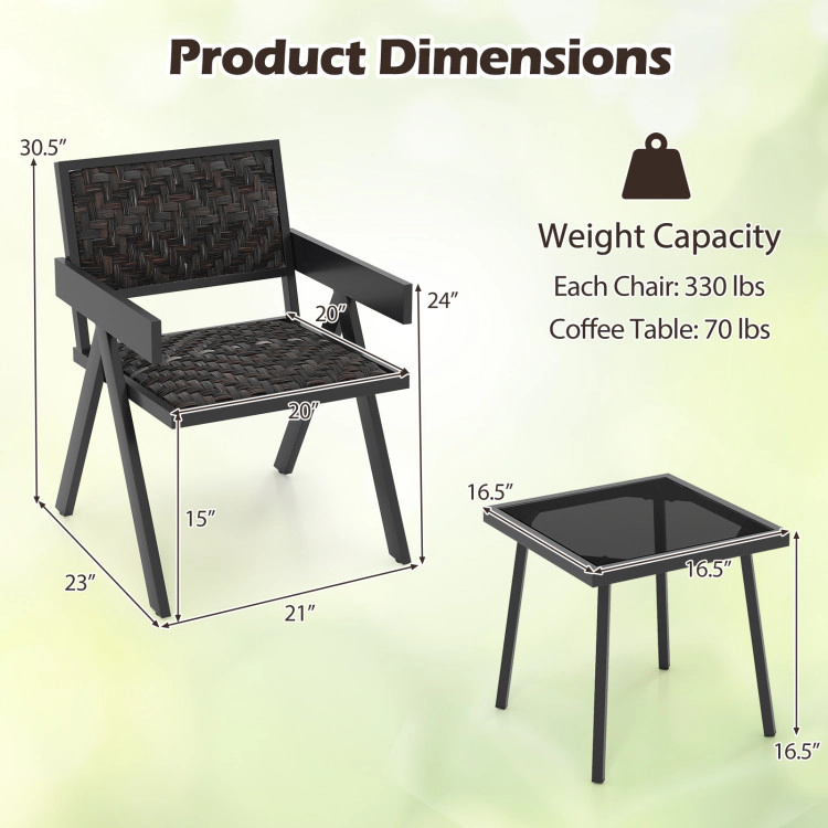 Hivvago 3 Pieces Patio Pe Wicker Bistro Set With Quick-Drying Foam-Black