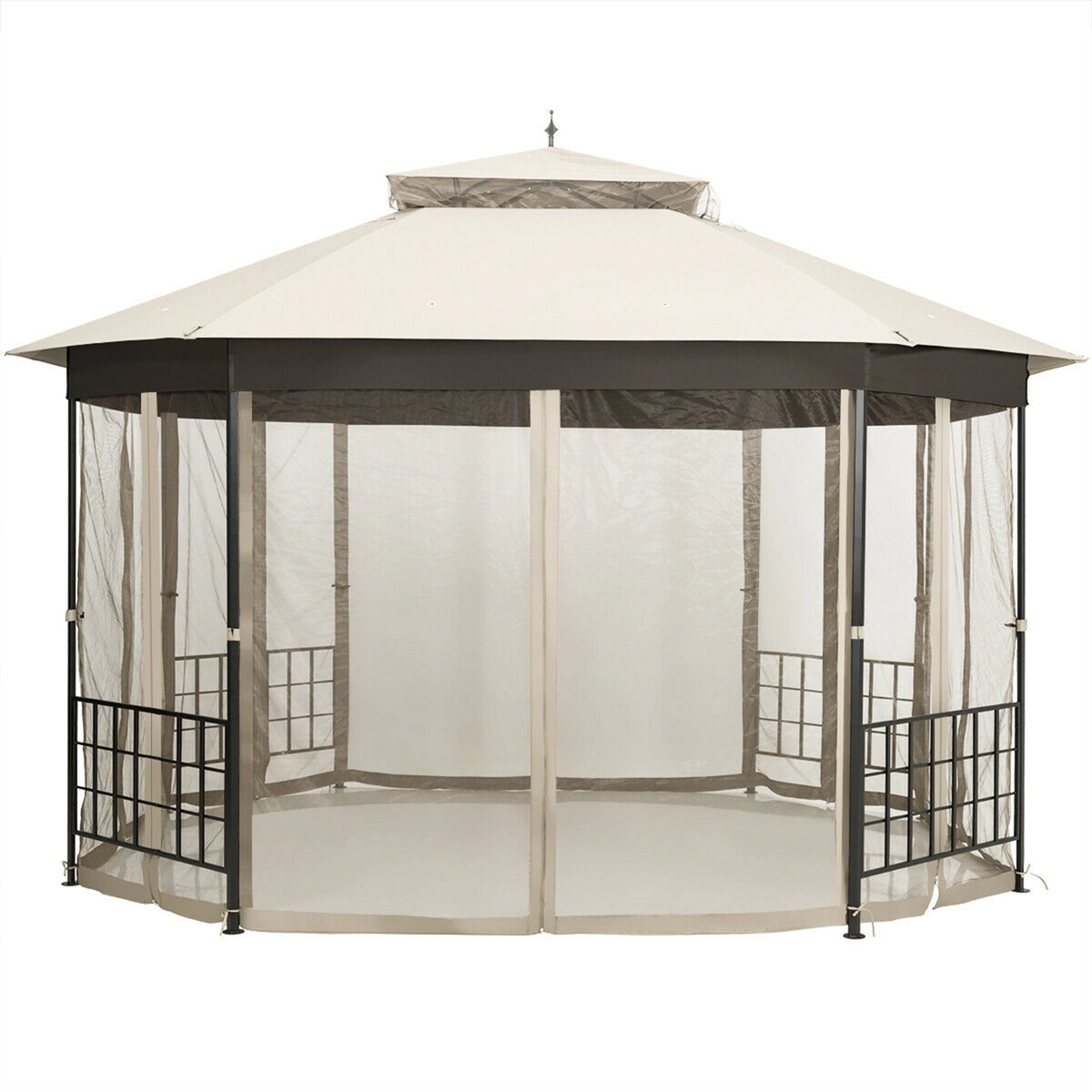 SUGIFT 10-ft x 12-ft Brown Octagonal Patio Gazebo with Double Roof and 4 Zippered Netting Sidewalls