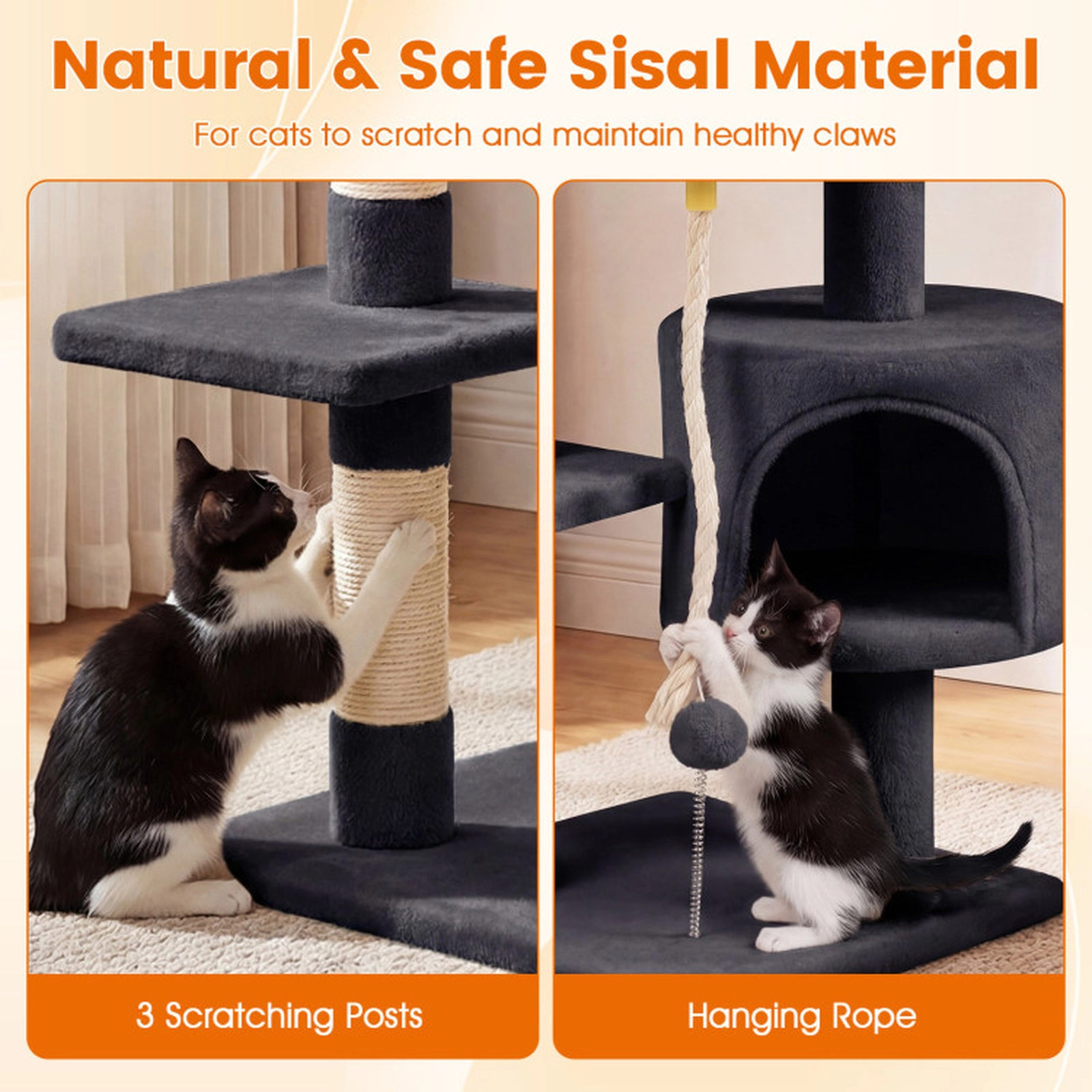 SUGIFT 36-in Tall Kitten Tower Cat Tree with Condo, Plush Perch and Scratching Posts 22-lb Capacity Dark Gray