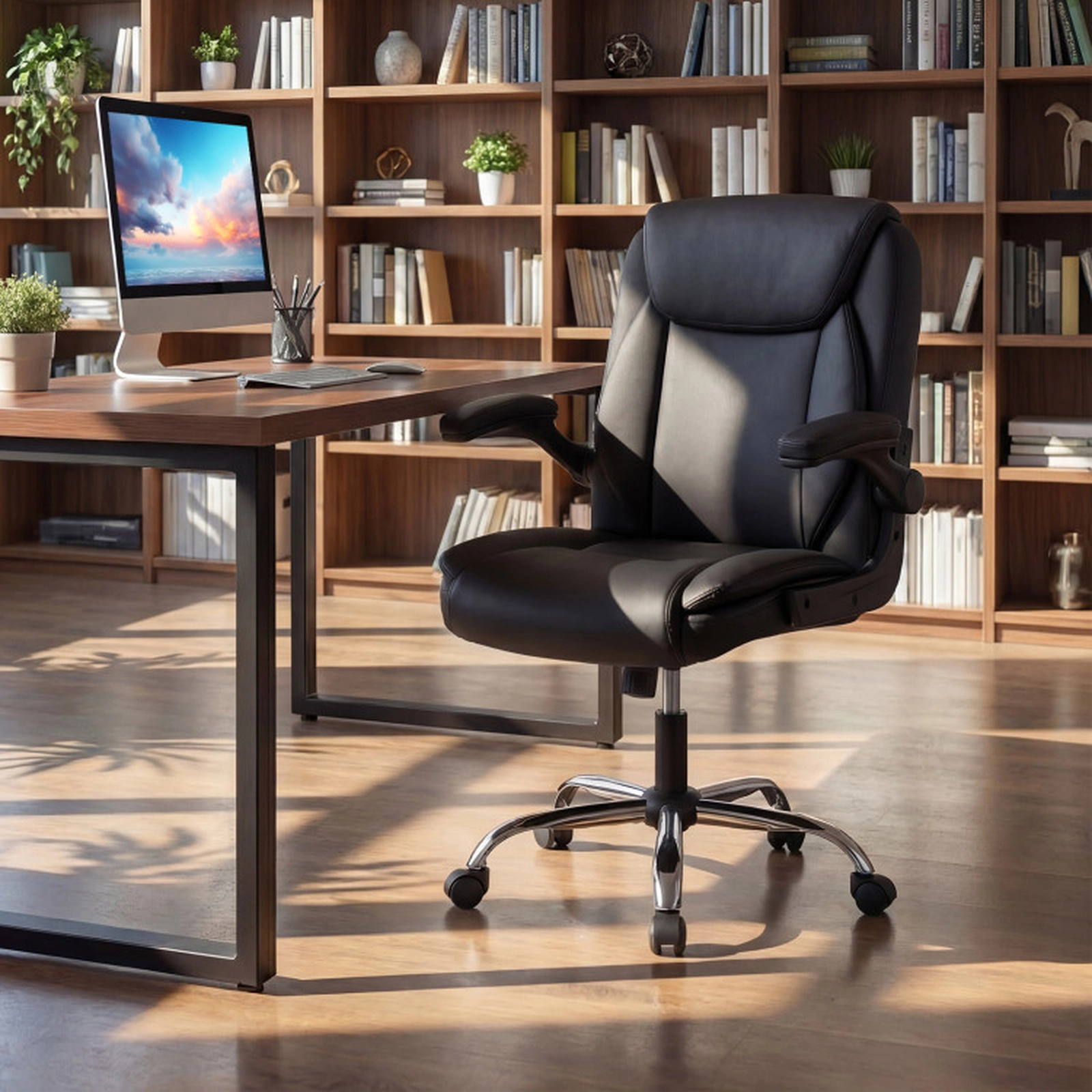 SUGIFT Ergonomic Leather Office Chair with Rocking Function and Flip-up Armrests 350-lb Capacity Black 27 x 26 x 37-in